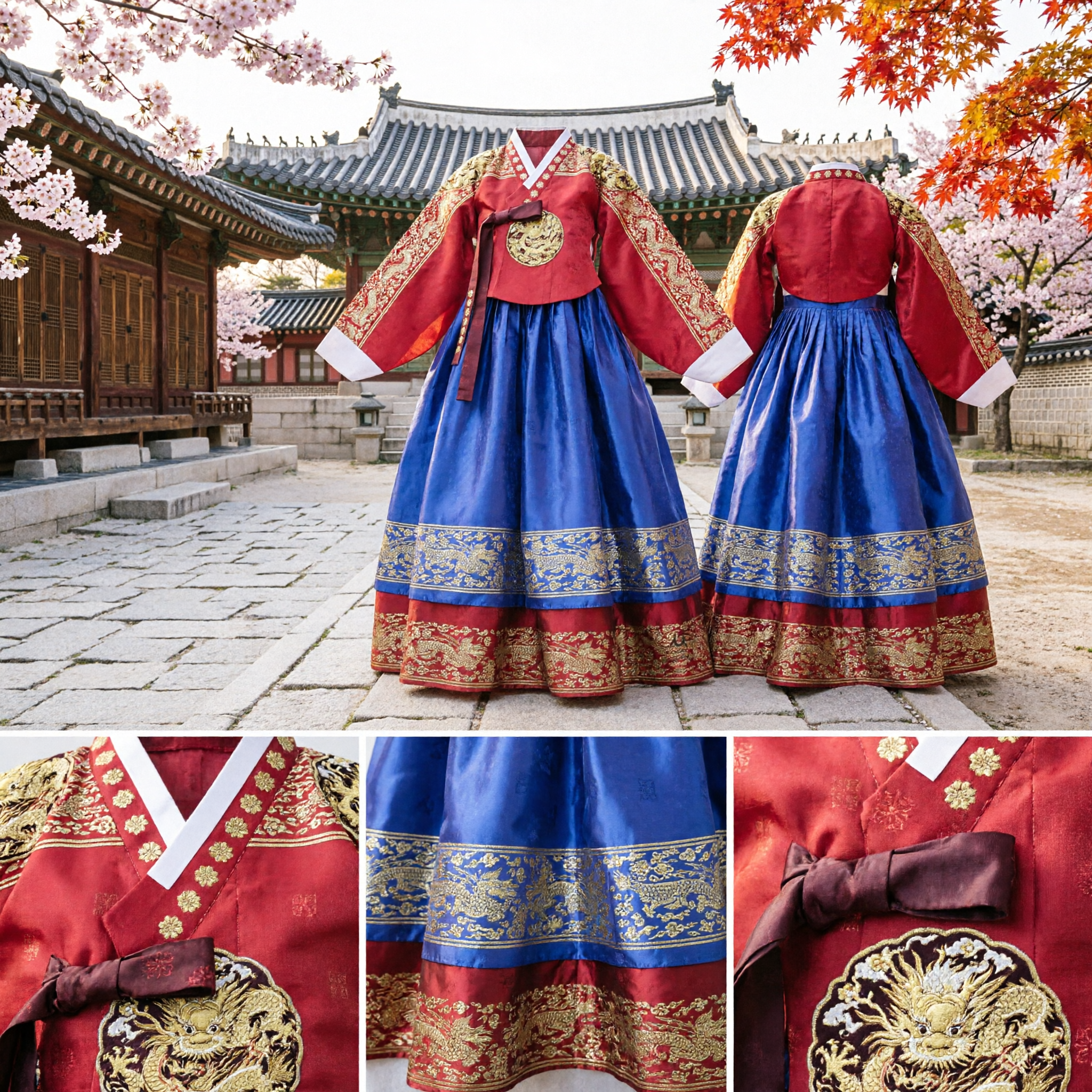 Traditional Korean Hanbok Red and Blue Royal Court Dress with Gold Dragon Embroidery for Women - Asian Costume
