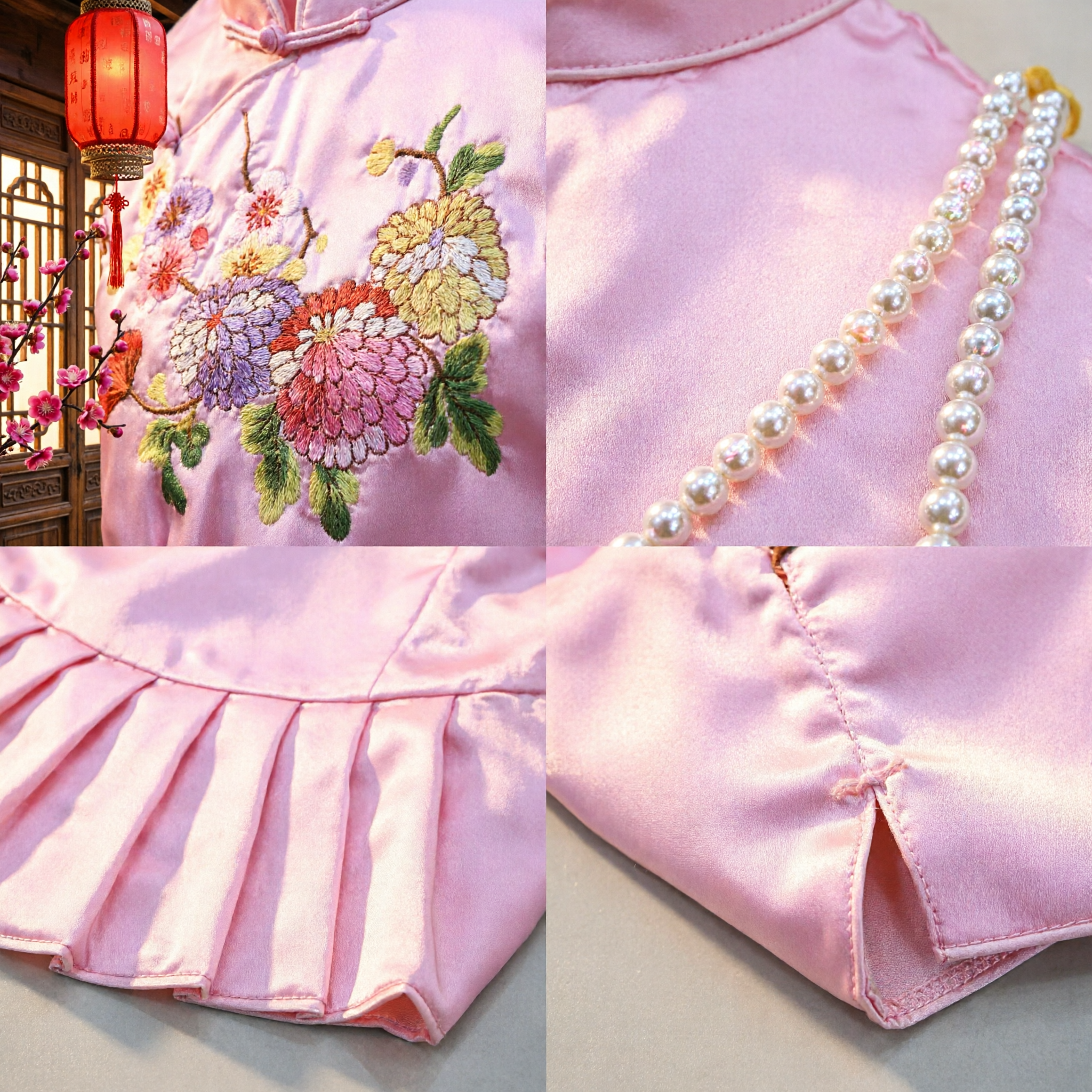 Pink Silk Embroidered Floral Cloud Collar Traditional Chinese Baby Bib for Girl Hanfu Costume - Asian Costume