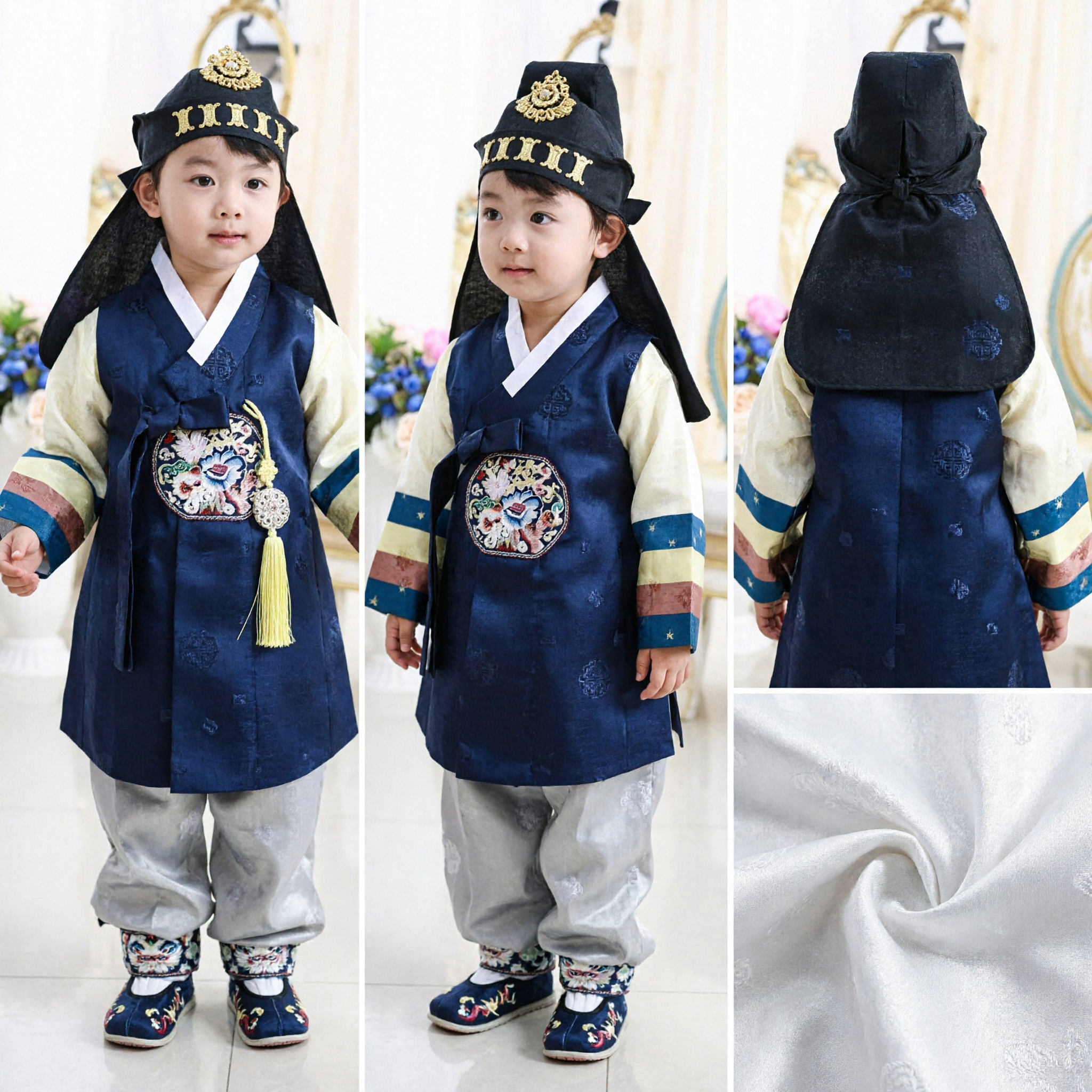 Traditional Korean Hanbok for Boys Kids Ceremonial Costume Set with Embroidered Hat and Blue Vest for First Birthday - Asian Costume
