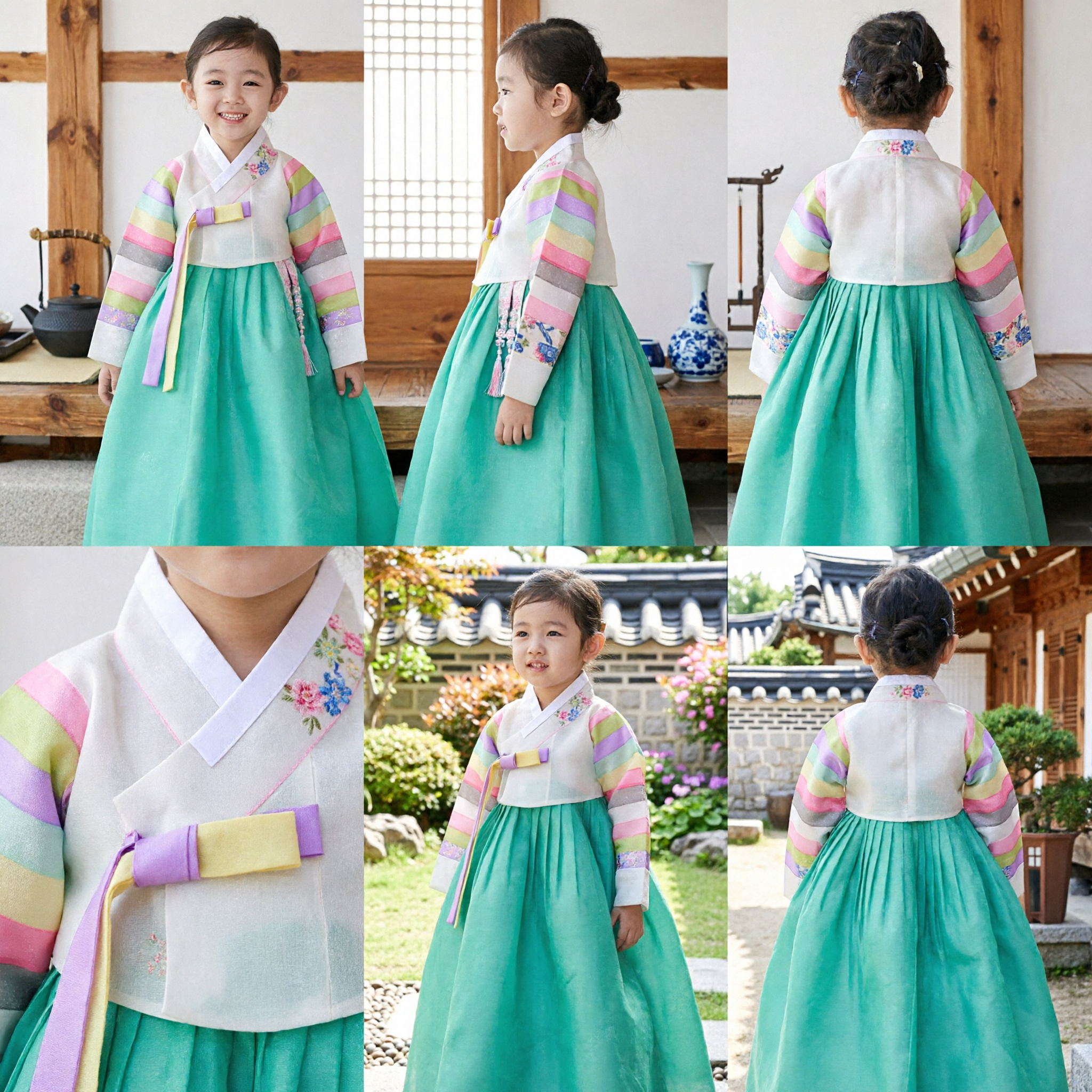 Kids Korean Traditional Hanbok Dress Rainbow Striped Top Green Skirt for Girls Birthday Party - Asian Costume