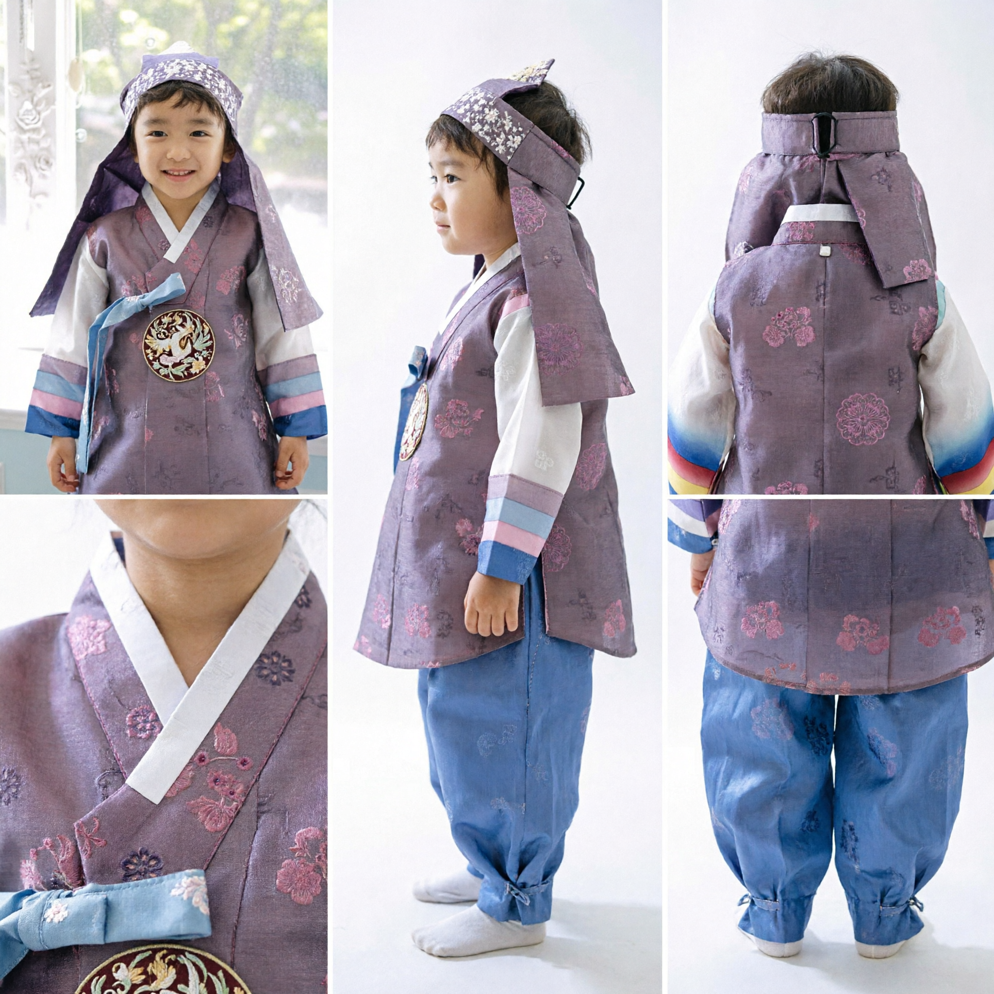 Traditional Korean Hanbok for Boys Purple Floral Jeogori and Blue Baji Kids Costume Set - Asian Costume