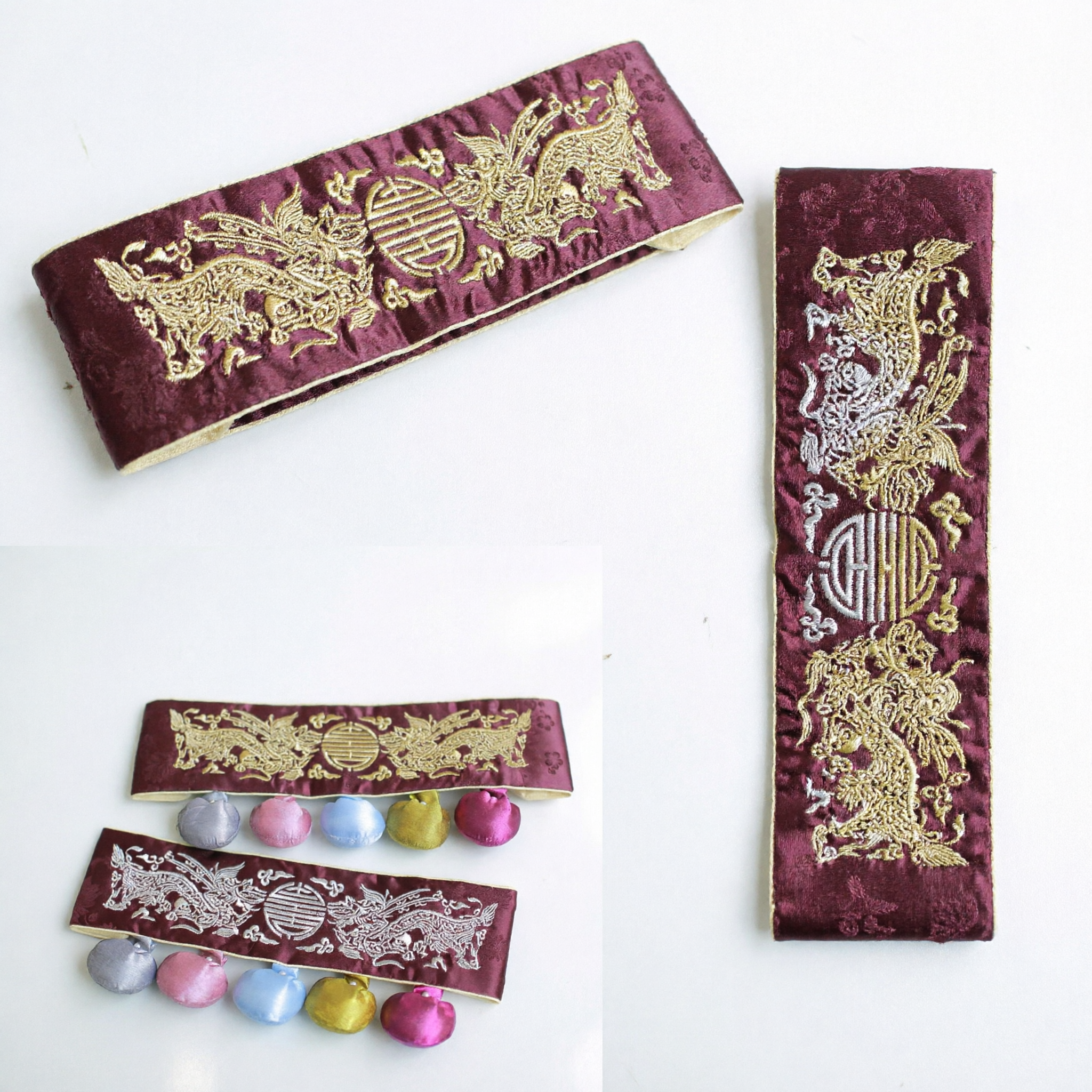 Traditional Chinese Hanfu Waist Sash Belt with Dragon Phoenix Embroidery and Silk Pouches for Women Girls Costume - Asian Costume