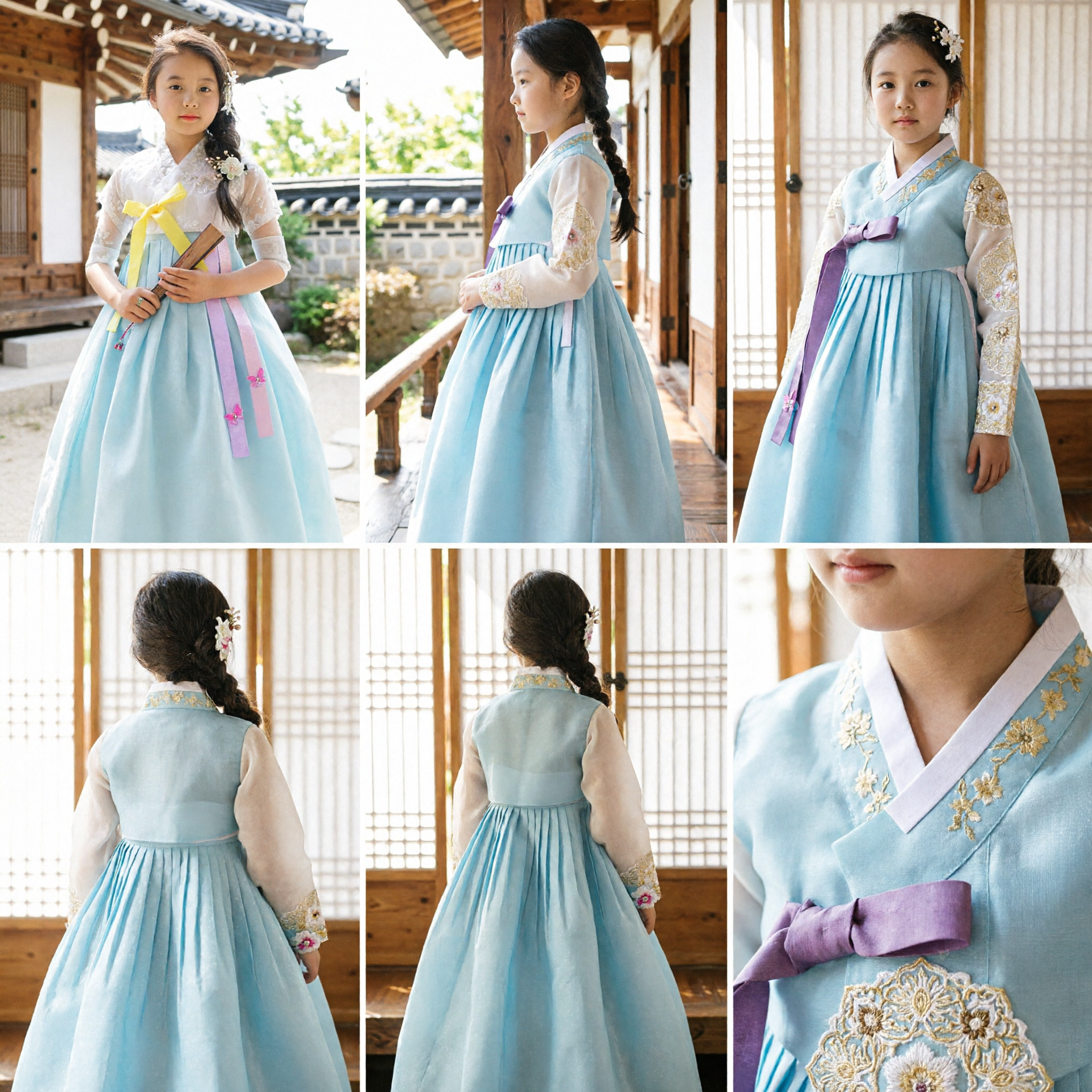 Traditional Korean Hanbok for Girls Kids Blue Skirt White Lace Top Festival Wedding Costume - Asian Costume