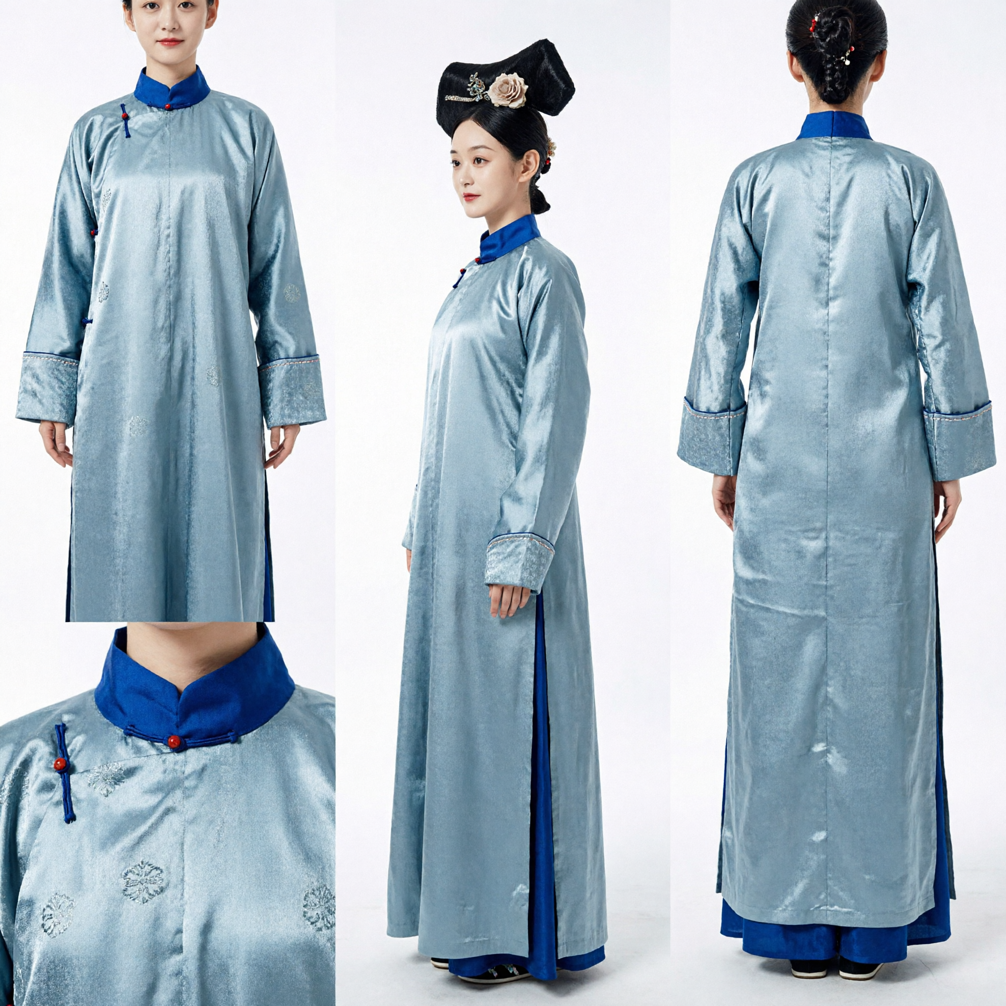 Traditional Chinese Qing Dynasty Noblewoman Costume Ancient Palace Lady Blue Robe and Headwear Set for Women - Asian Costume