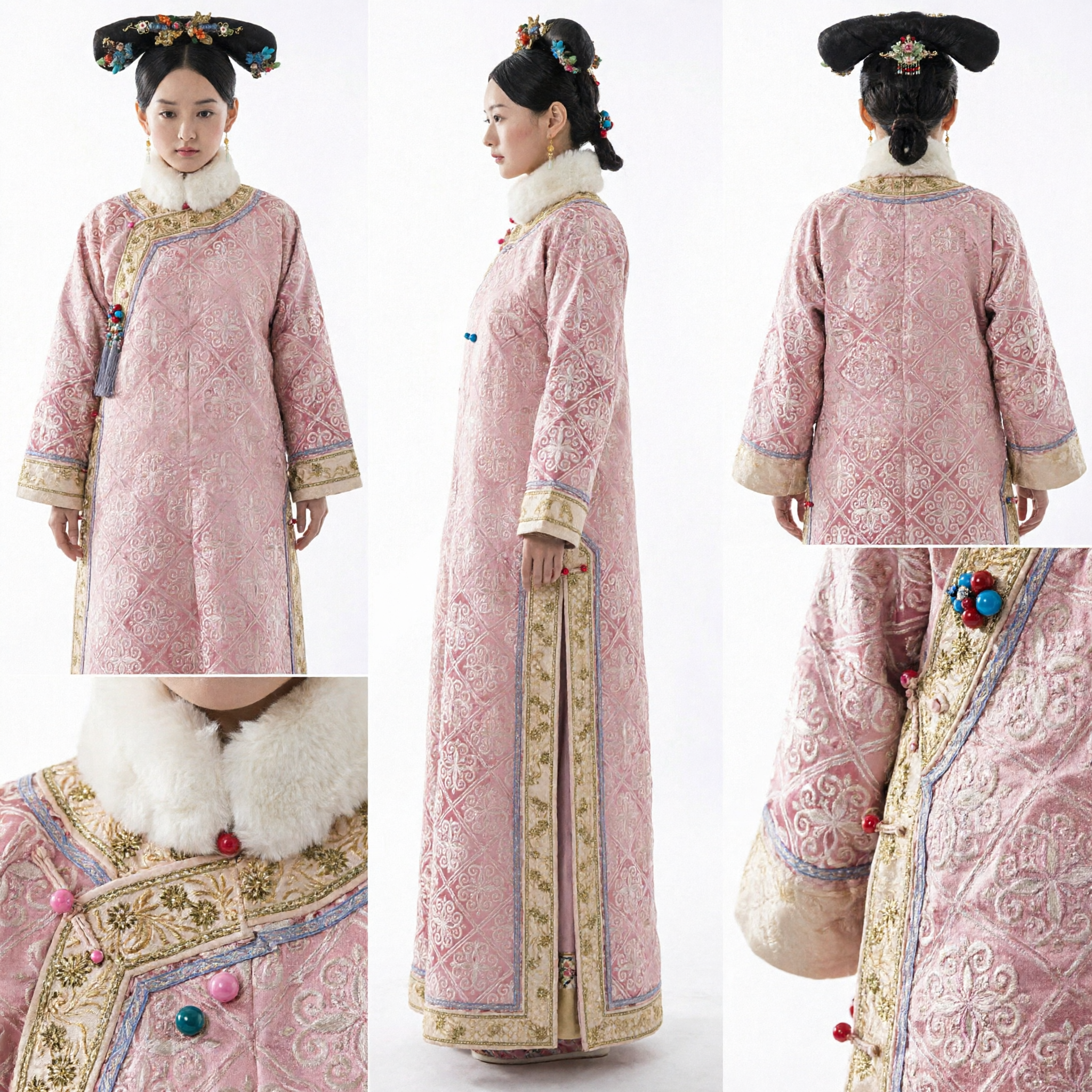 Women's Traditional Chinese Qing Dynasty Palace Costume Pink Brocade Robe with Fur Collar for Historical Cosplay - Asian Costume