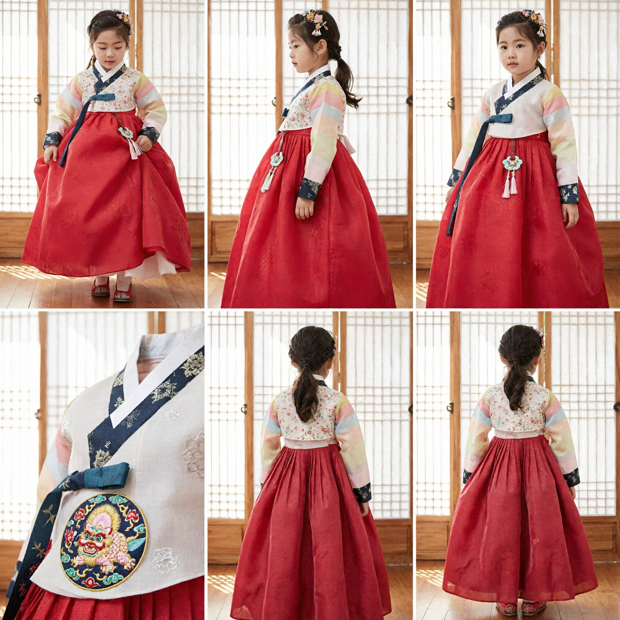 Traditional Korean Hanbok for Girls Kids Folk Costume Red Skirt Floral Top Wedding Holiday Dress - Asian Costume