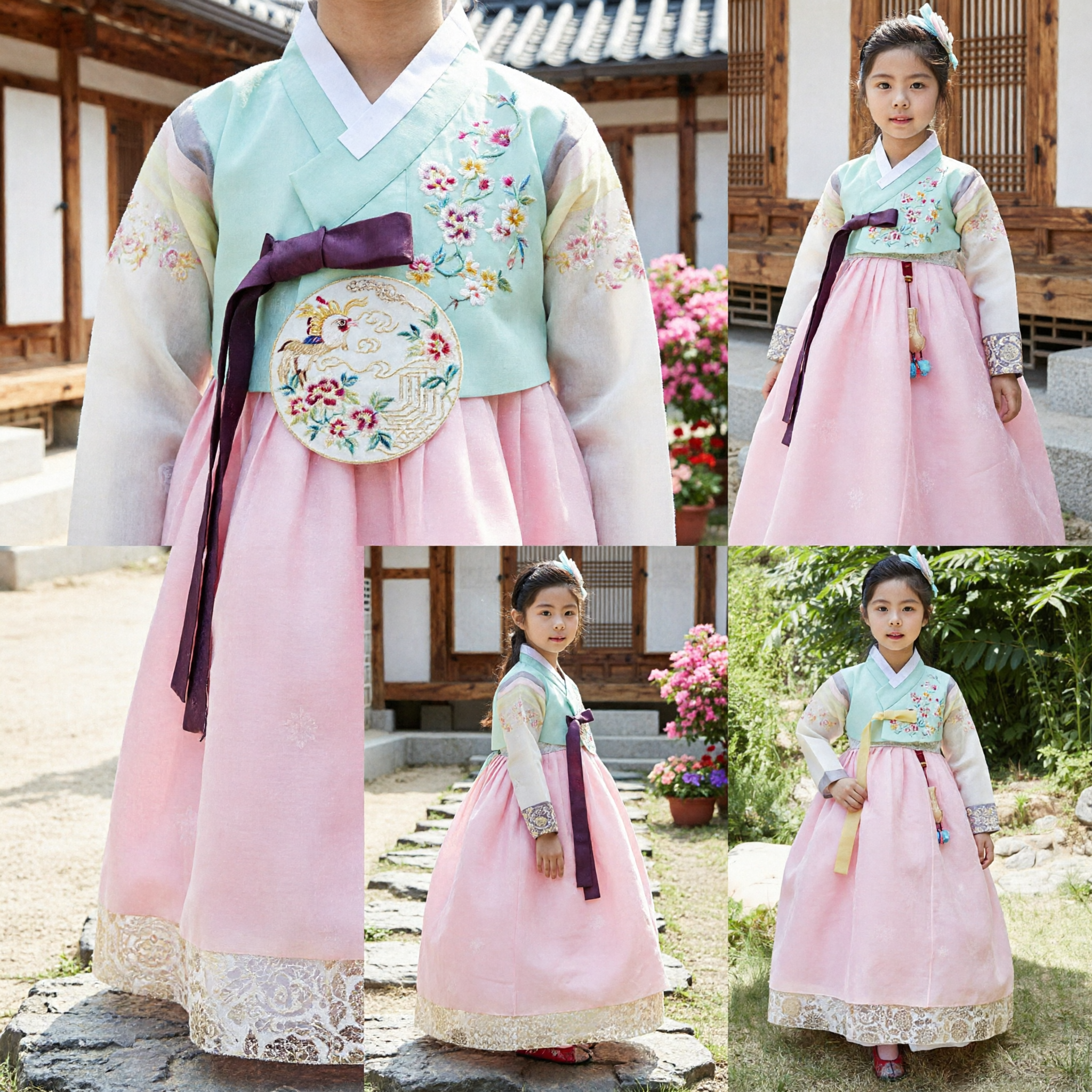 Kids Girls Traditional Korean Hanbok Costume Pink Skirt Mint Green Top Embroidered Party Dress - Asian Costume