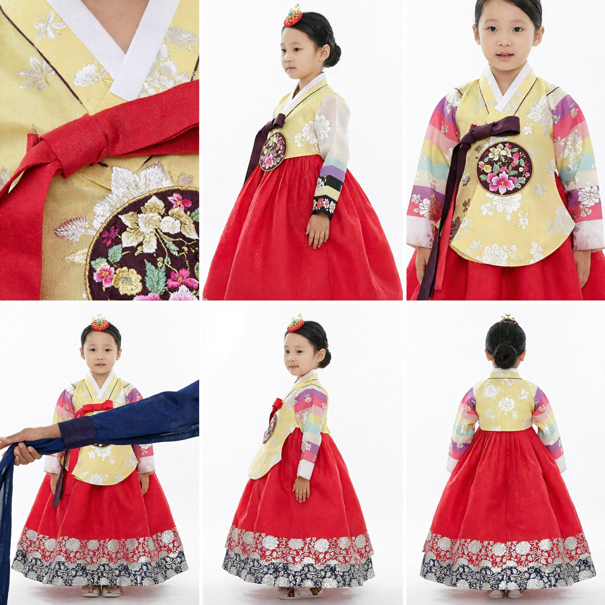 Traditional Korean Hanbok for Girls Yellow Rainbow Jeogori Red Skirt Embroidered Kids Festival Costume Dress - Asian Costume