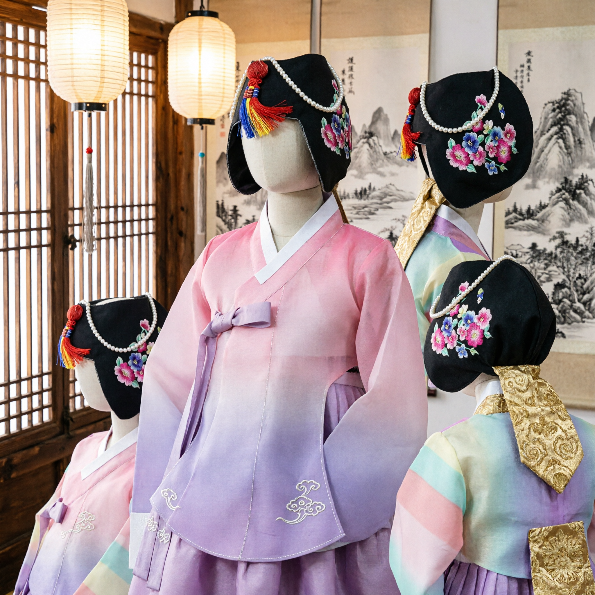 Traditional Korean Hanbok Headwear Black Velvet Hat with Floral Embroidery Pearls and Tassels for Women - Asian Costume