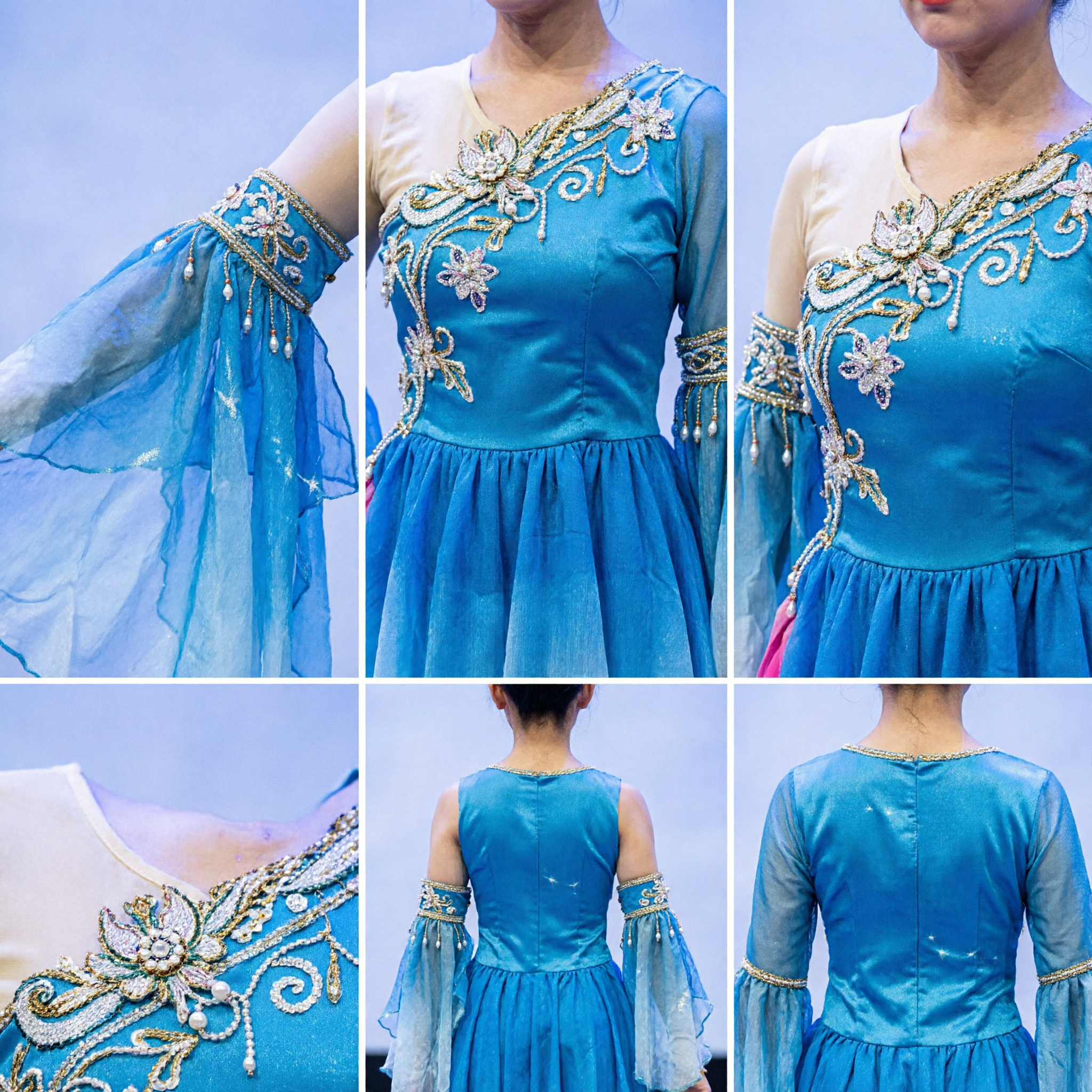Women's Blue Chinese Folk Dance Costume Sequin Stage Performance Dress for Group Dance Competition - Asian Costume
