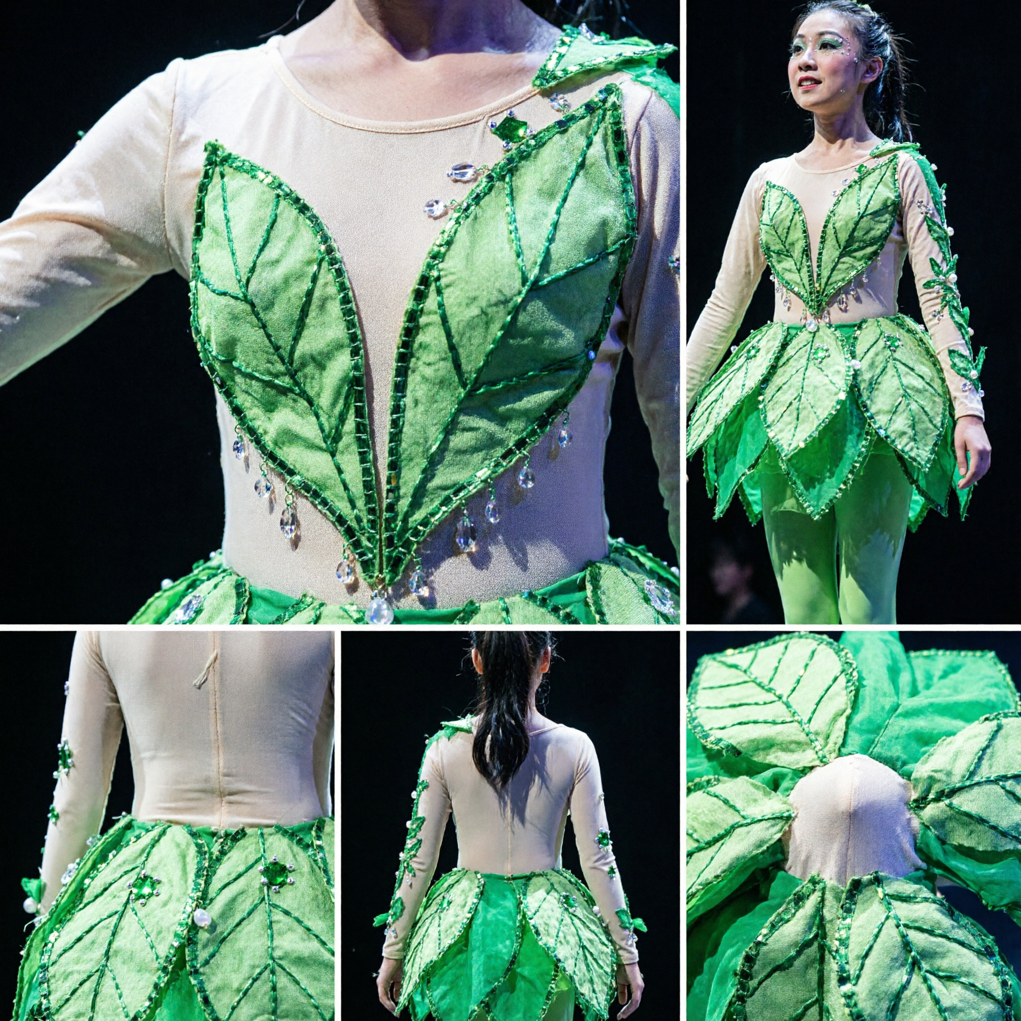 Traditional Chinese Green Leaf Spirit Dance Costume for Girls Kids Stage Performance Folk Competition Outfit - Asian Costume