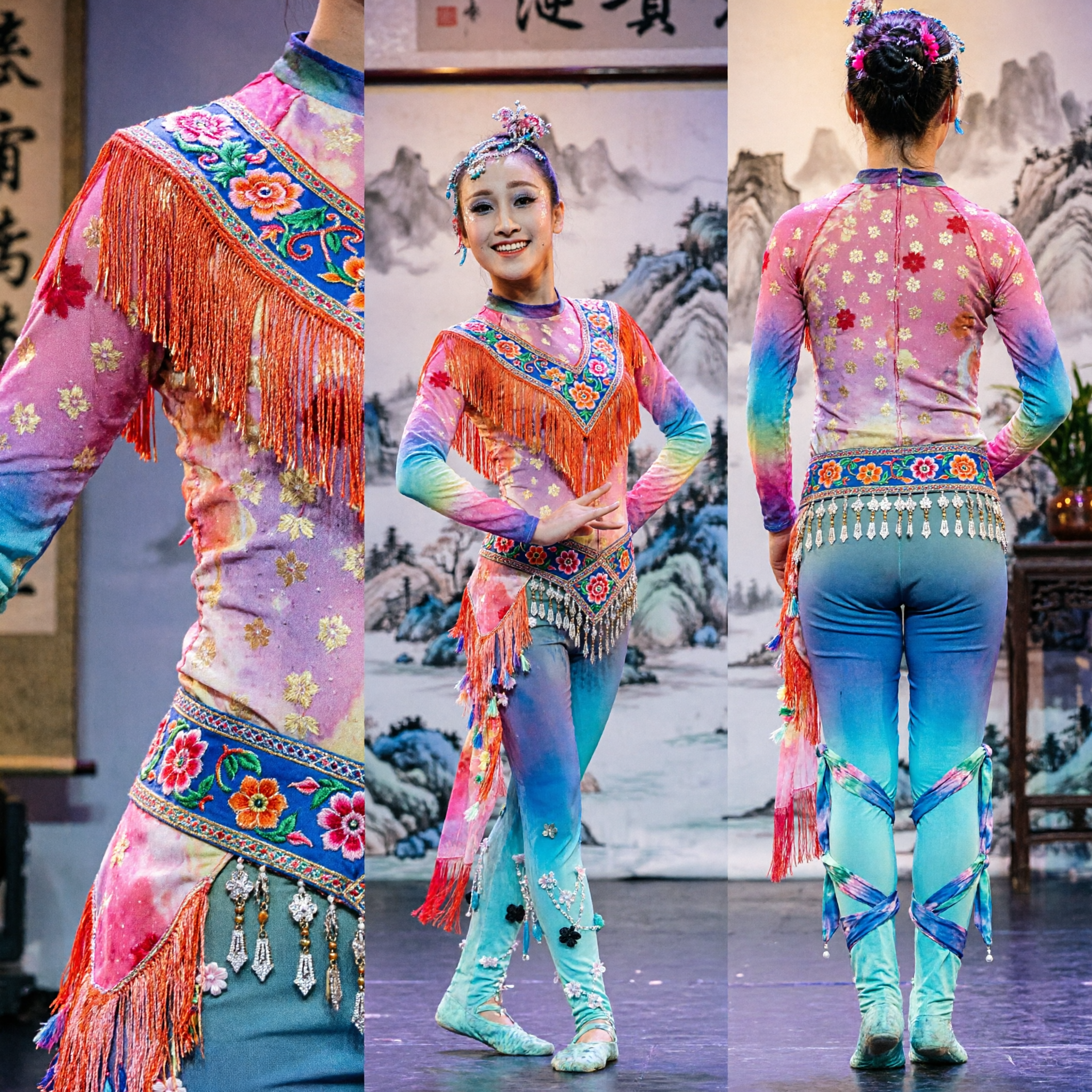 Professional Chinese Dance Costume for Girls Colorful Gradient Ruffle Leotard Ethnic Stage Performance Wear - Asian Costume