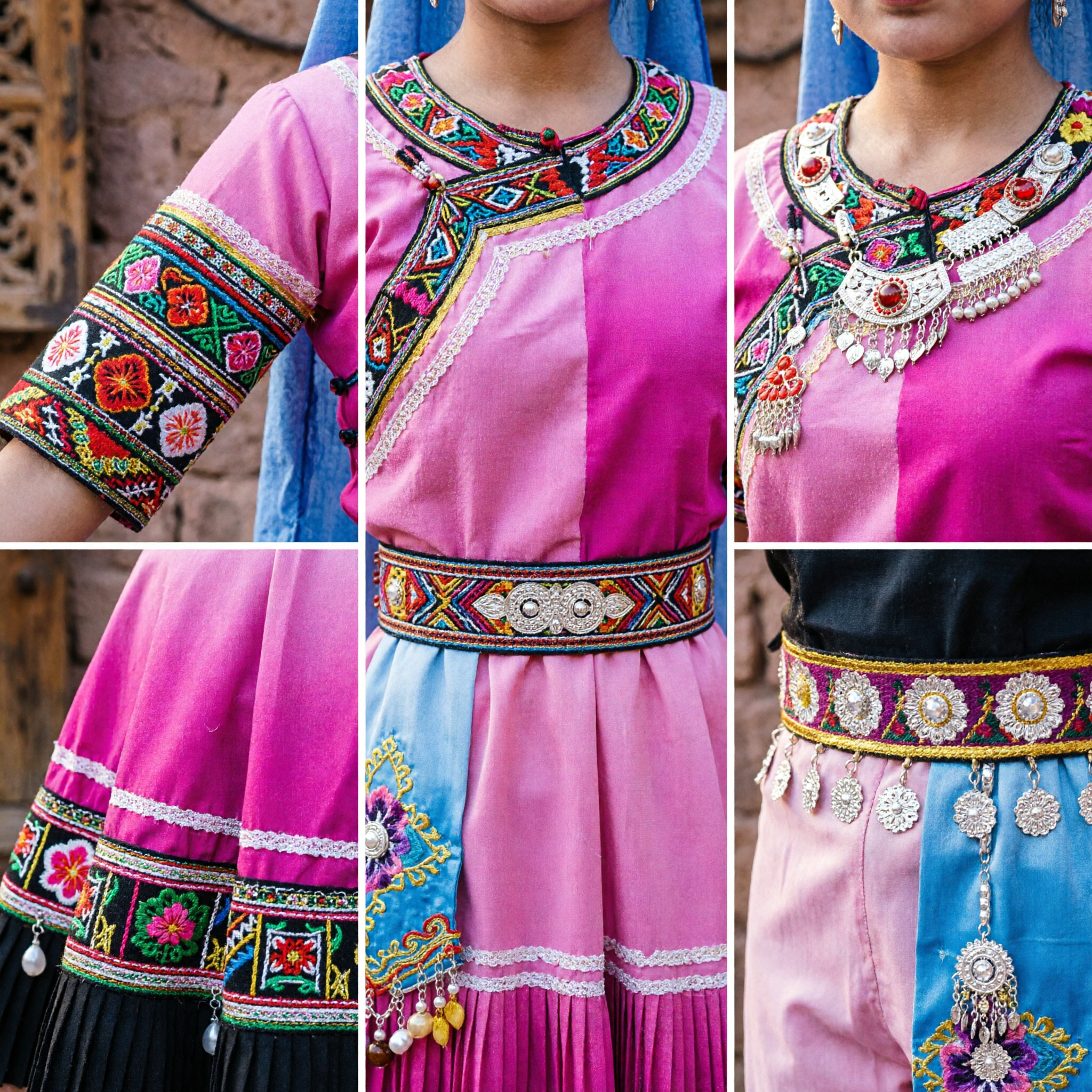 Girls Chinese Traditional Folk Dance Costume Pink Sequin Top and Skirt for Stage Performance - Asian Costume