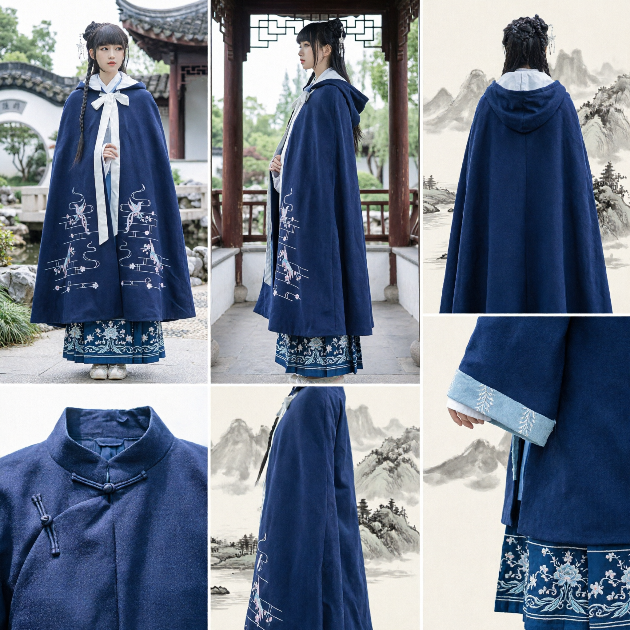 Elegant Navy Blue Hanfu Winter Cloak Embroidered Cape Ancient Chinese Costume for Women Cosplay - Asian Costume