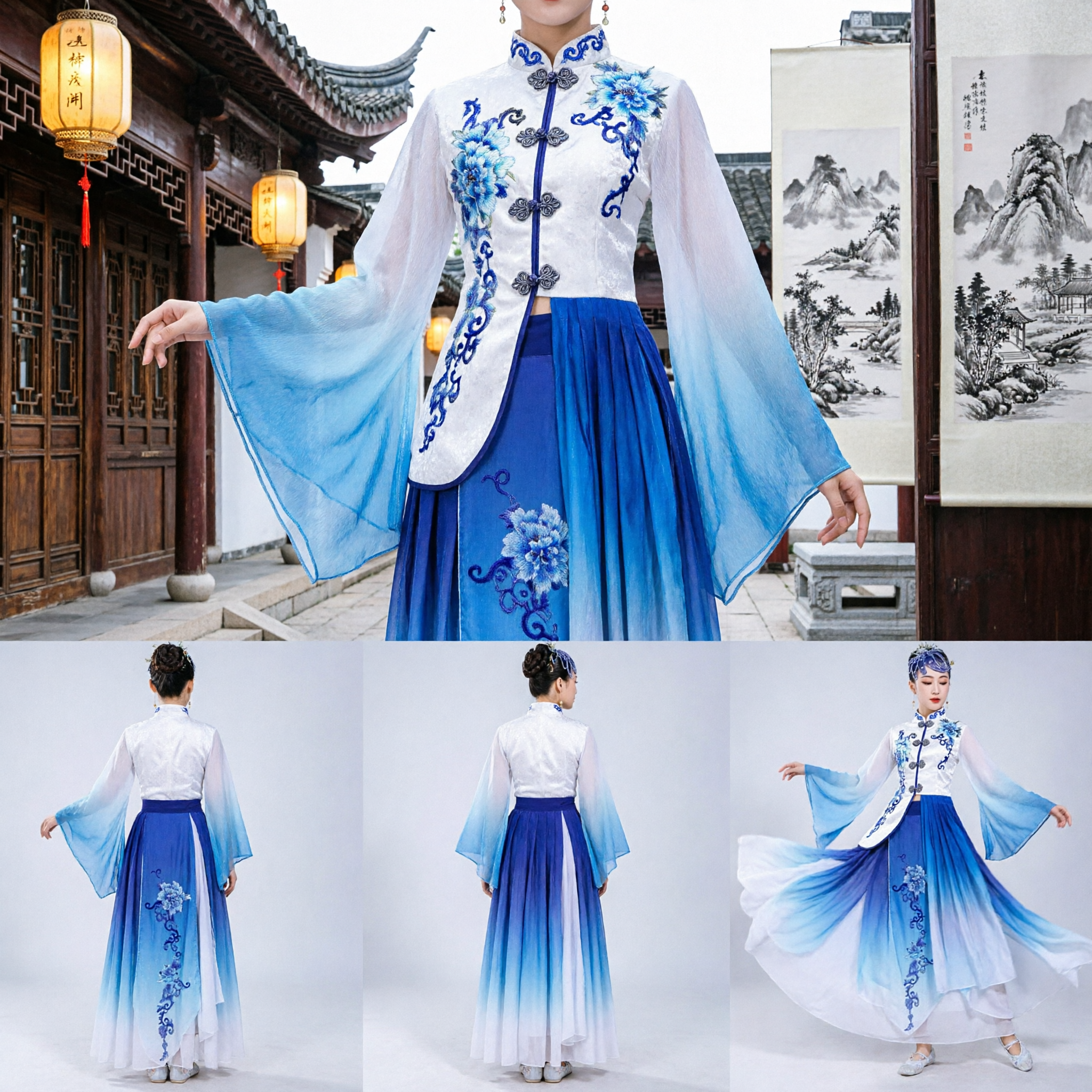 Women's Blue Gradient Chinese Folk Dance Costume Classical Yangge Fan Dance Performance Dress Stage Outfit - Asian Costume