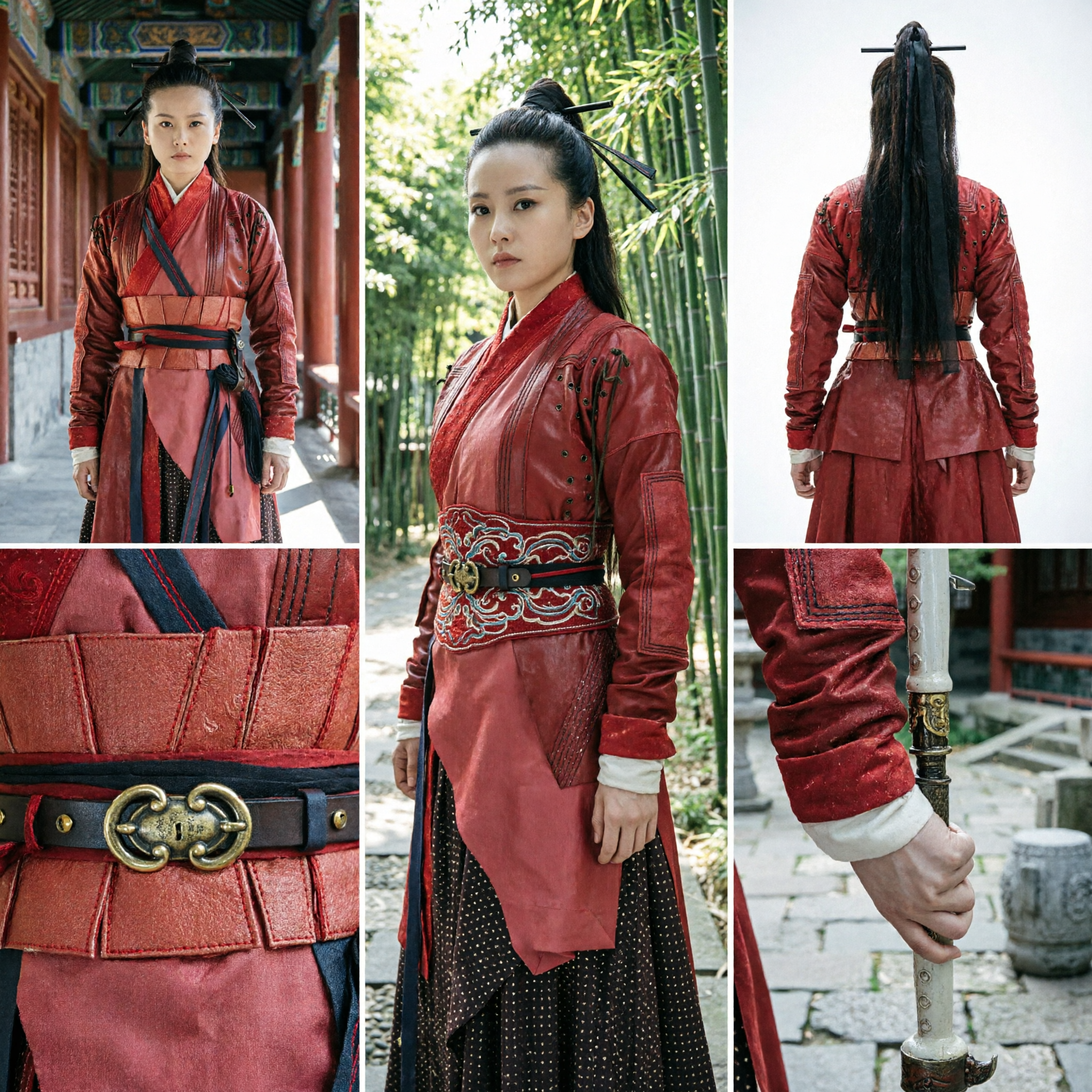 Ancient Chinese Wuxia Martial Arts Swordswoman Red Leather Cosplay Costume Set for Women - Asian Costume