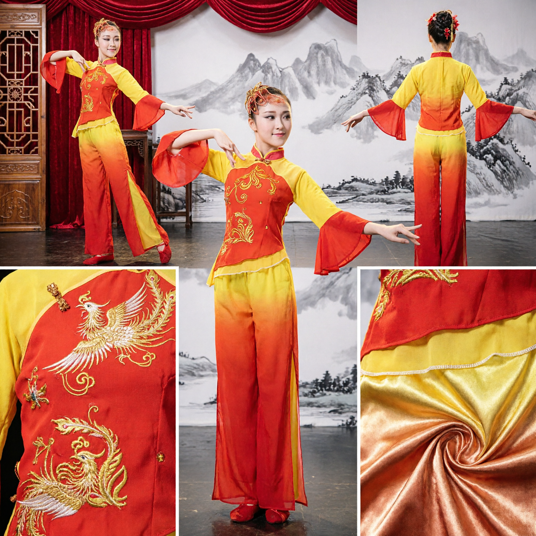 Traditional Chinese Folk Dance Costume Women Red Yellow Gradient Yangge Fan Dance Performance Outfit Set - Asian Costume