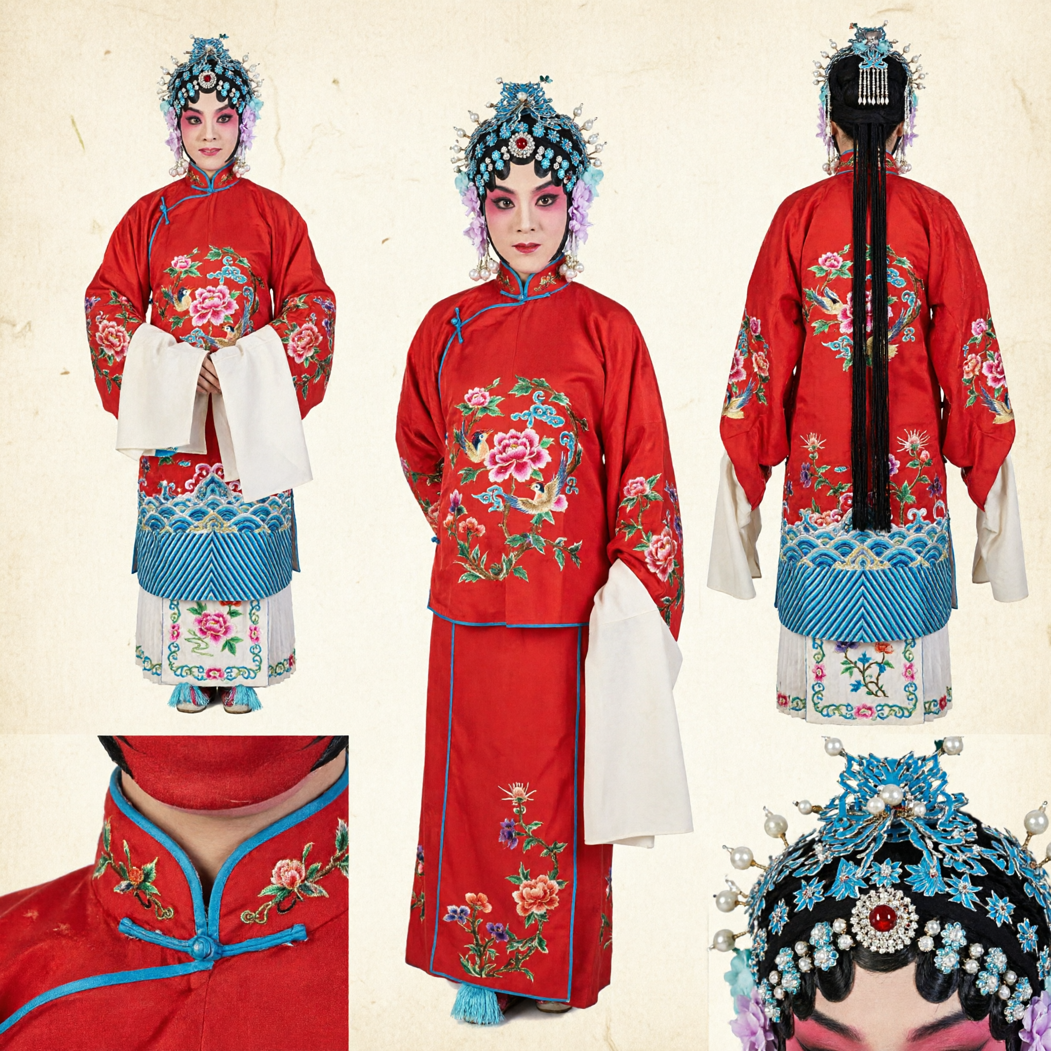 Traditional Chinese Peking Opera Red Embroidered Costume for Female Dan Role Stage Performance - Asian Costume