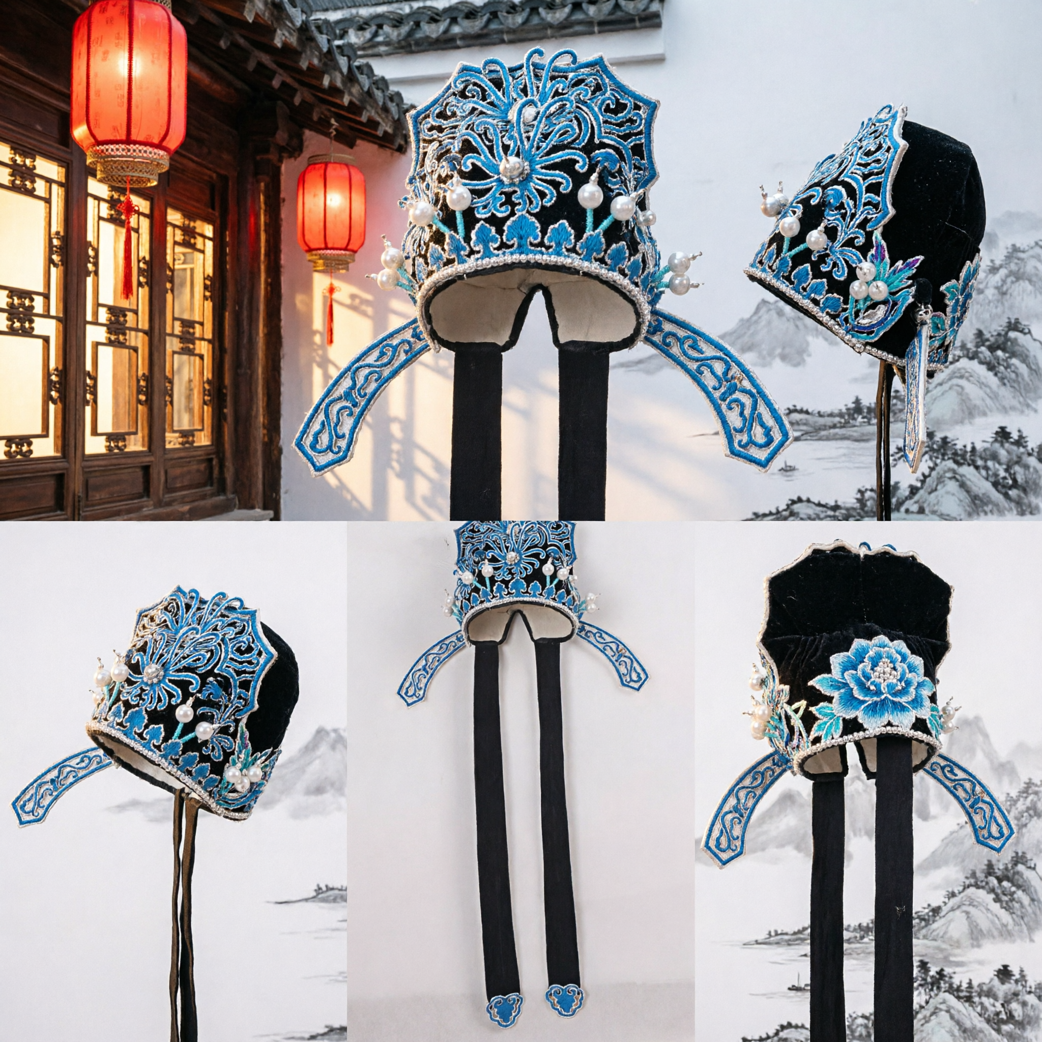 Traditional Chinese Peking Opera Blue Scholar Headdress Embroidered Headwear for Men Stage Performance Costume - Asian Costume