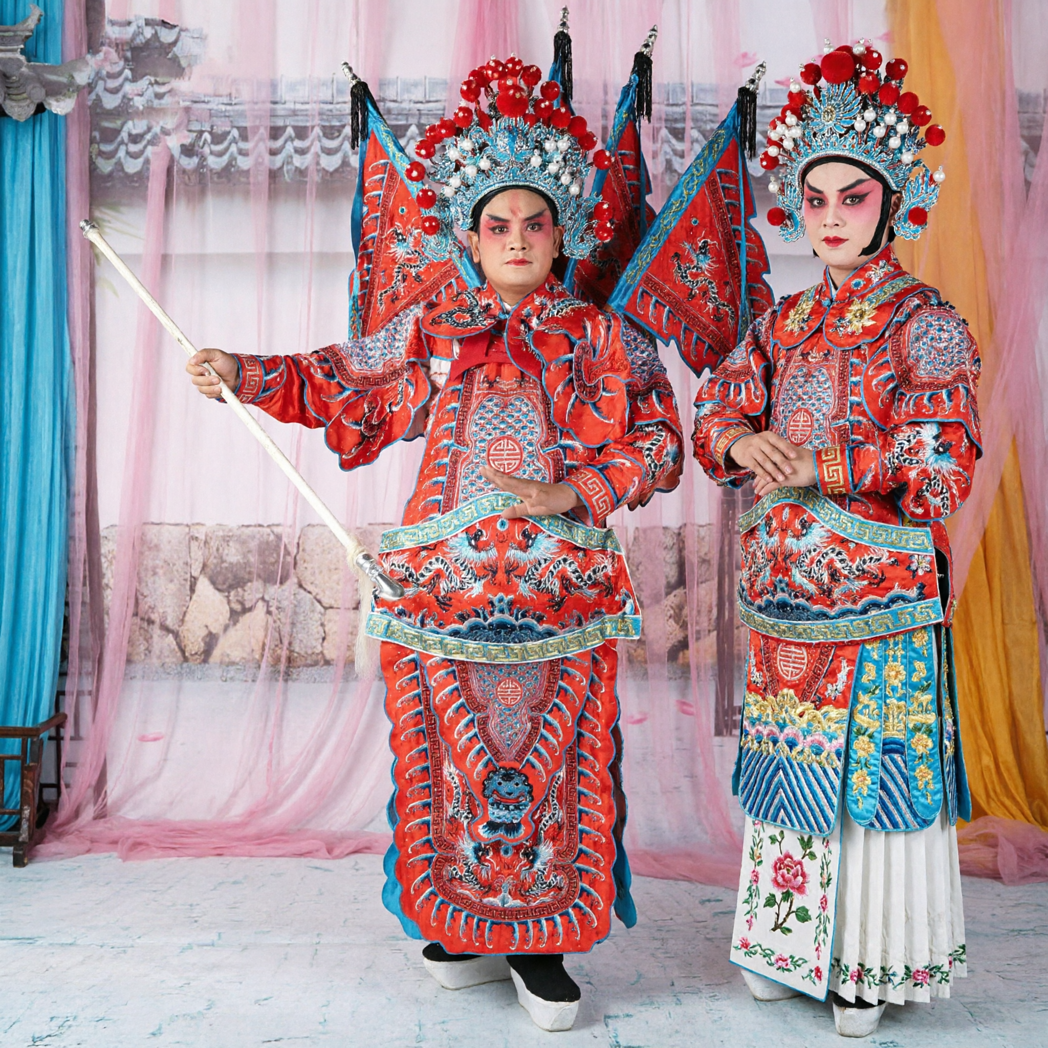 Traditional Chinese Peking Opera General Costume Men Red Embroidered Warrior Robe with Flags and Headdress for Stage Performance - Asian Costume