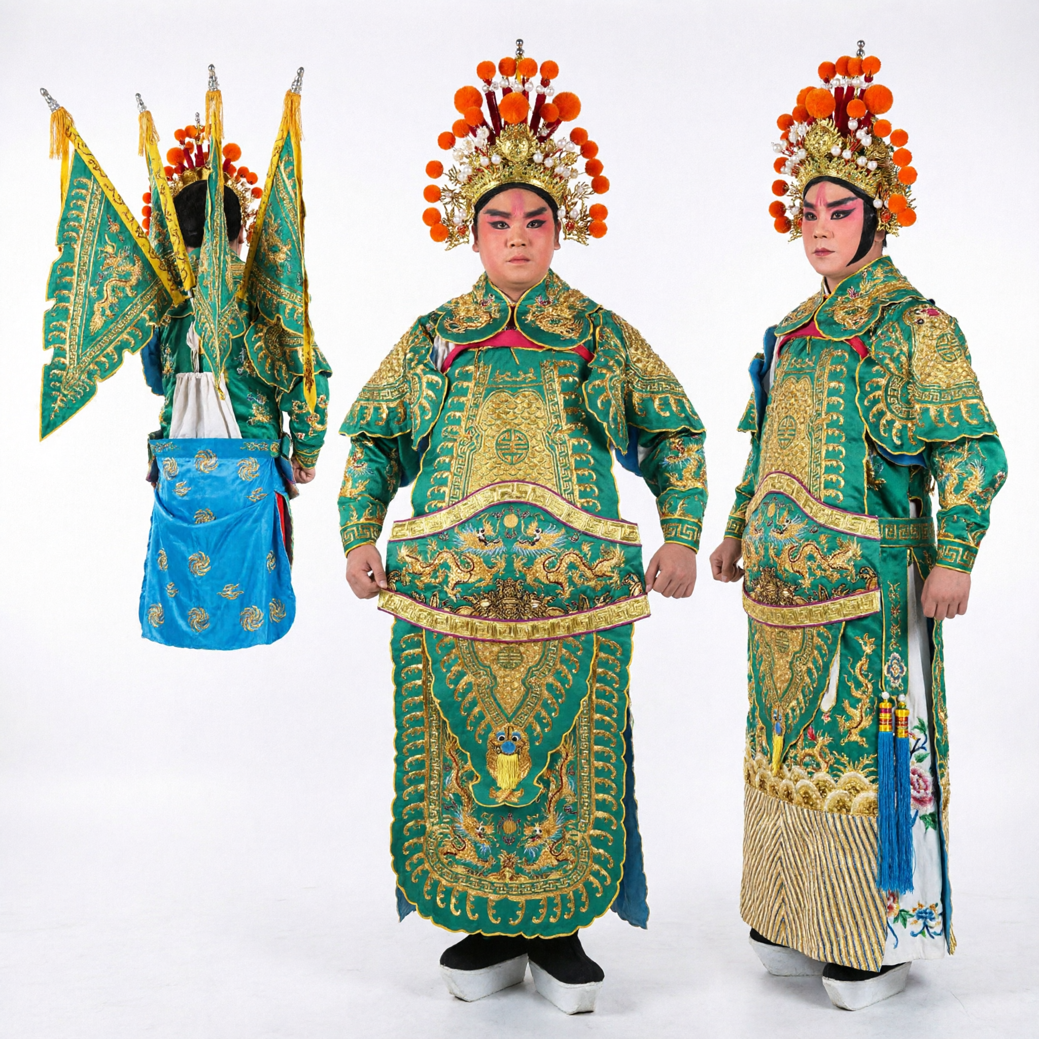 Chinese Peking Opera General Green Armor Costume with Back Flags and Headdress for Stage Performance - Asian Costume