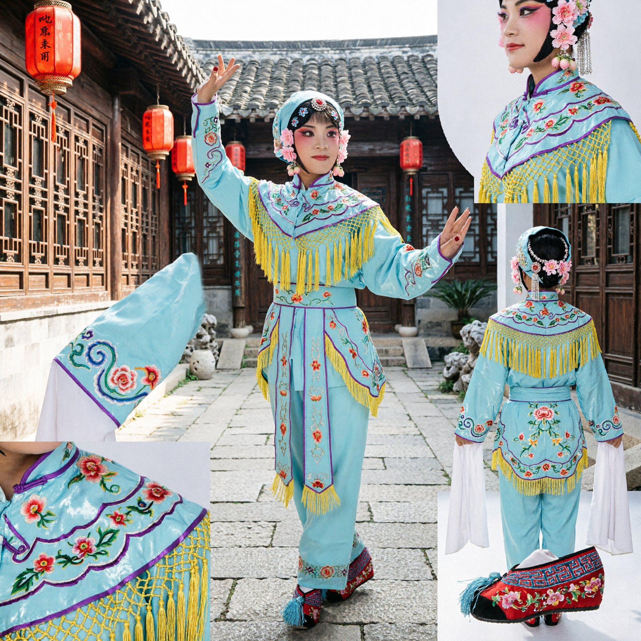 Traditional Chinese Peking Opera Costume Blue Embroidered Martial Female Warrior Outfit with Tassels for Stage Performance - Asian Costume