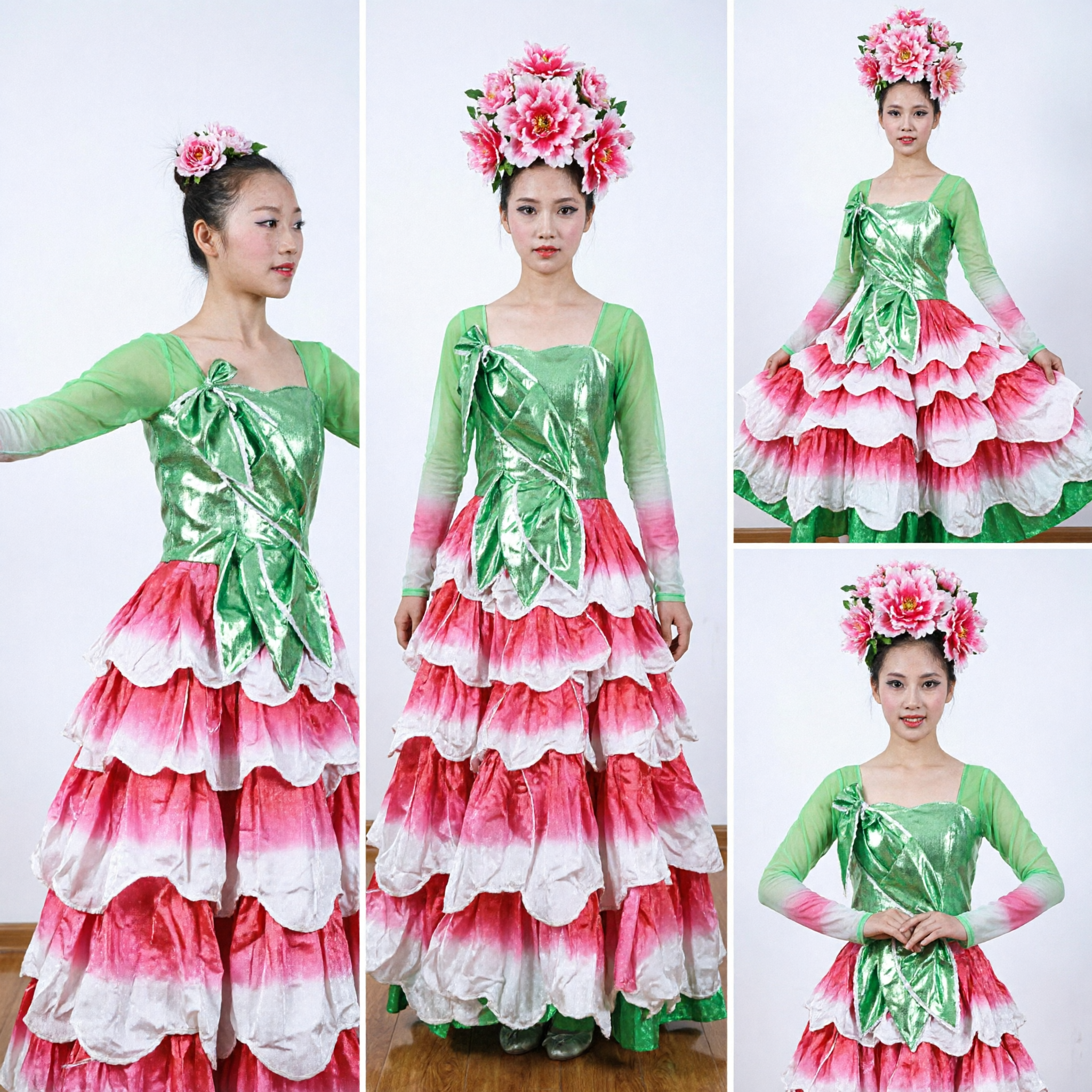 Women's Green and Pink Ruffled Peony Fan Dance Costume for Traditional Chinese Stage Performance - Asian Costume