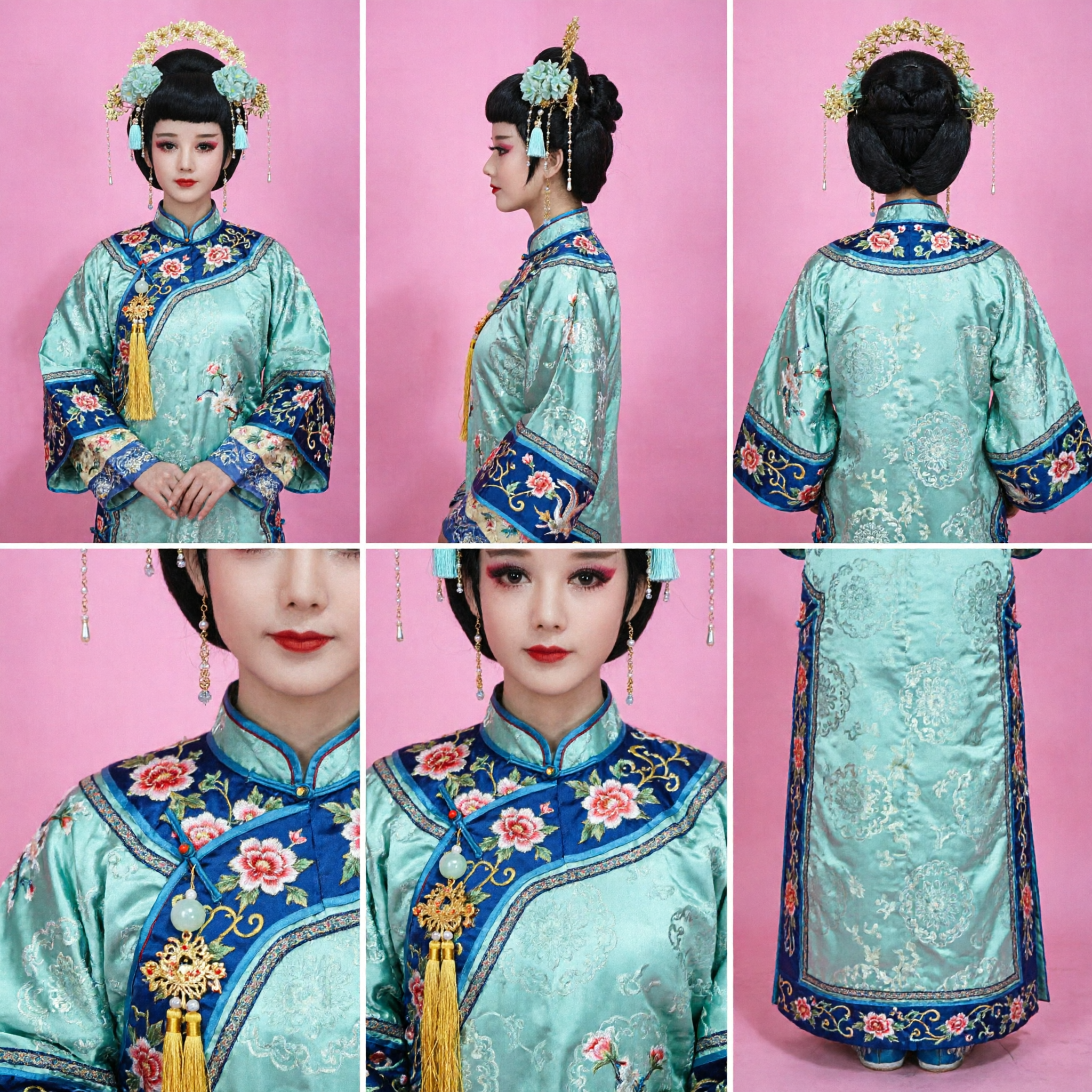 Traditional Chinese Ancient Princess Wig Set with Gold Floral Headpiece and Blue Tassels for Hanfu Cosplay - Asian Costume