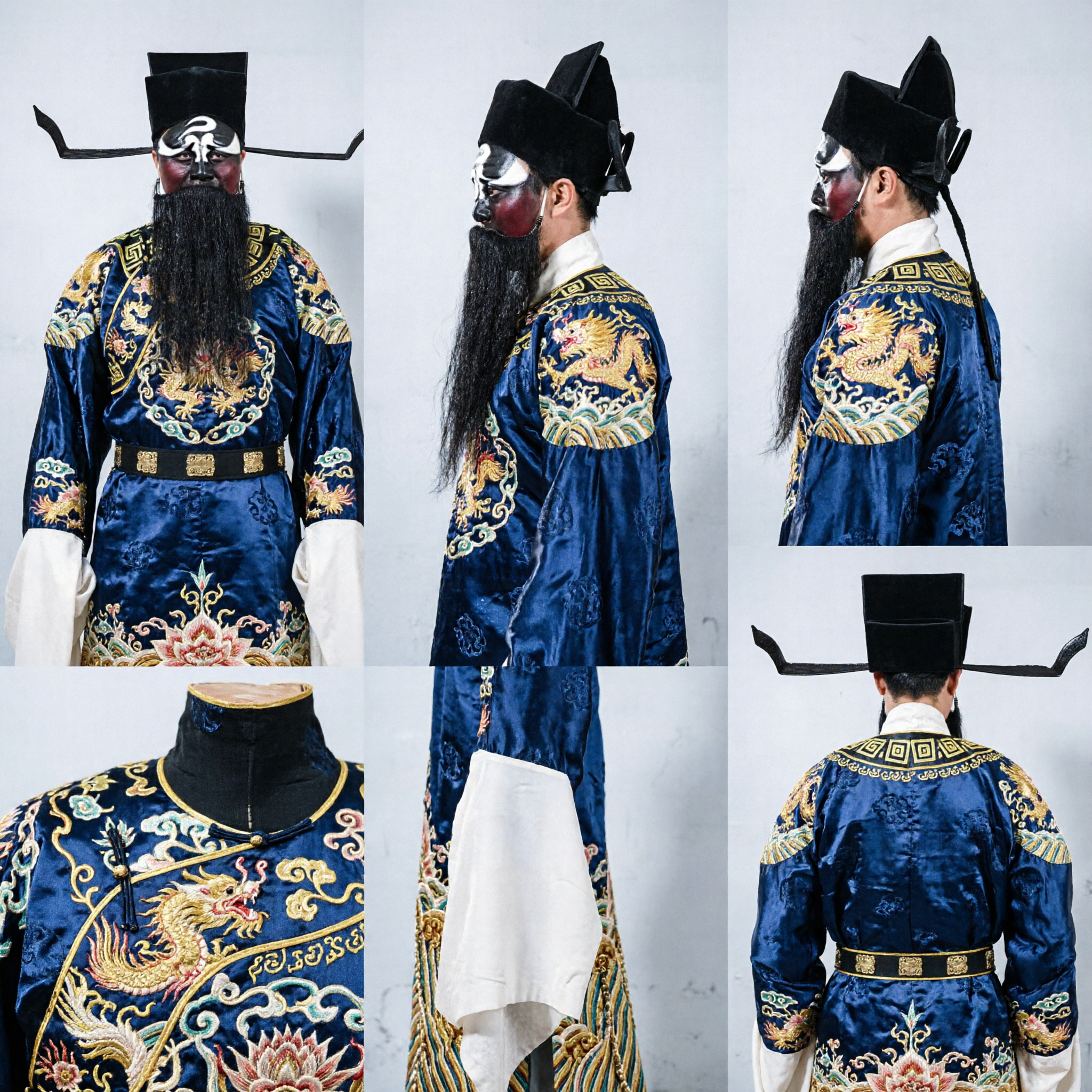 Traditional Chinese Peking Opera Bao Zheng Judge Costume with Black Face Paint and Winged Official Hat - Asian Costume