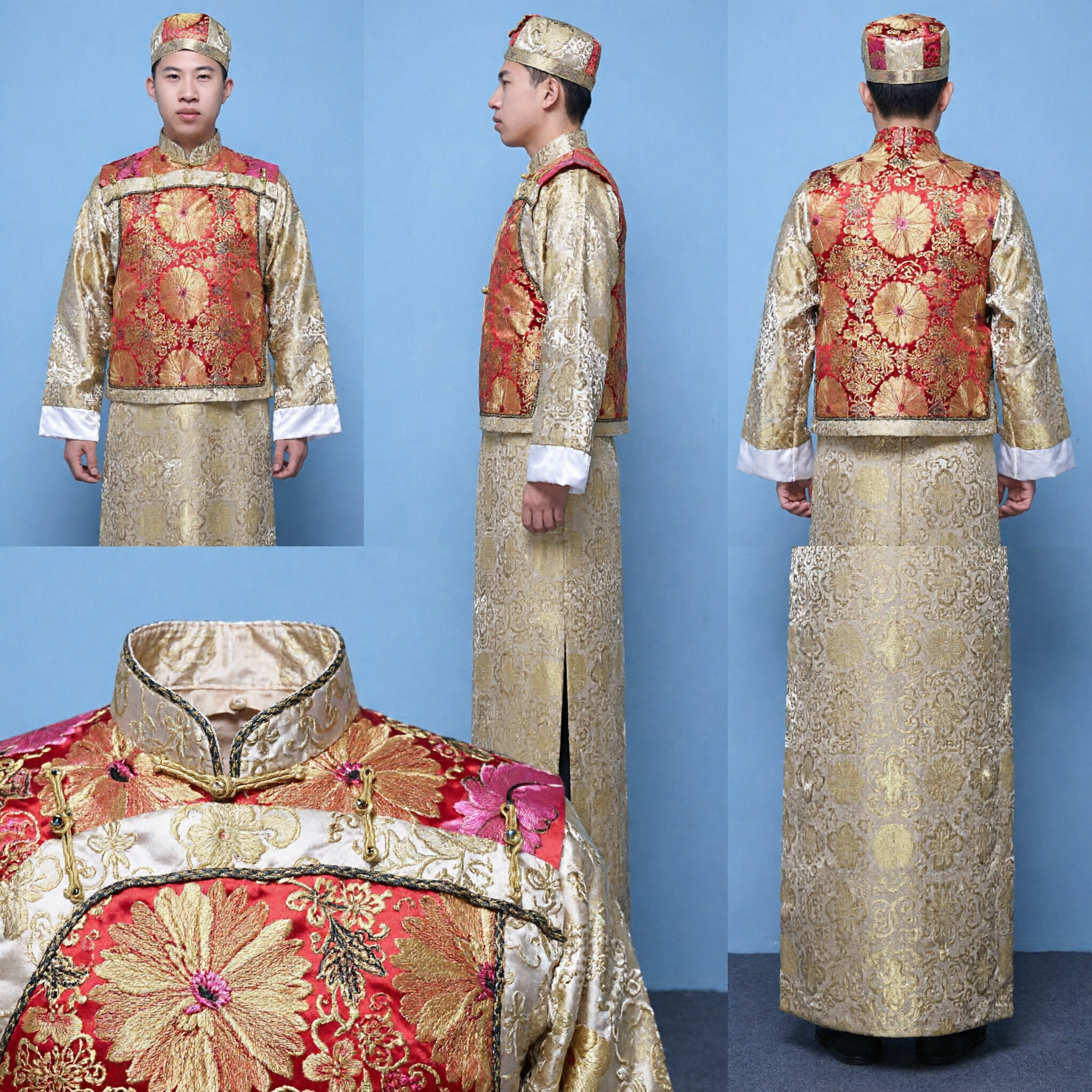 Traditional Chinese Men's Wedding Groom Costume Qing Dynasty Gold Brocade Changshan Tang Suit Ancient Clothing - Asian Costume