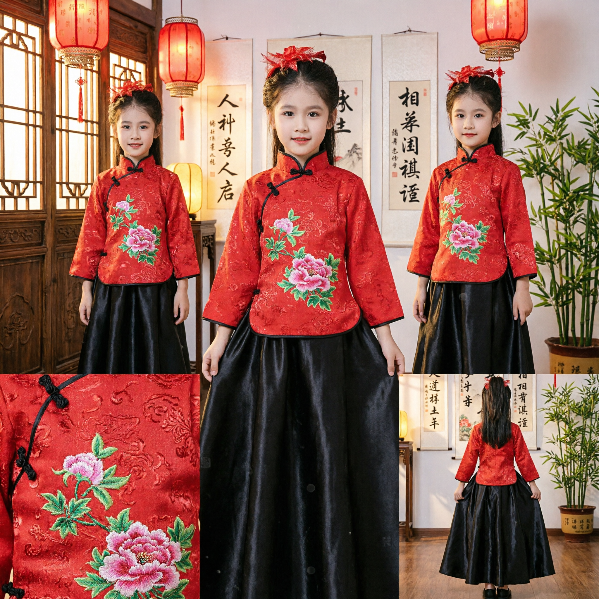 Girls Traditional Chinese Hanfu Set Red Floral Tang Suit Top and Black Skirt for Lunar New Year - Asian Costume