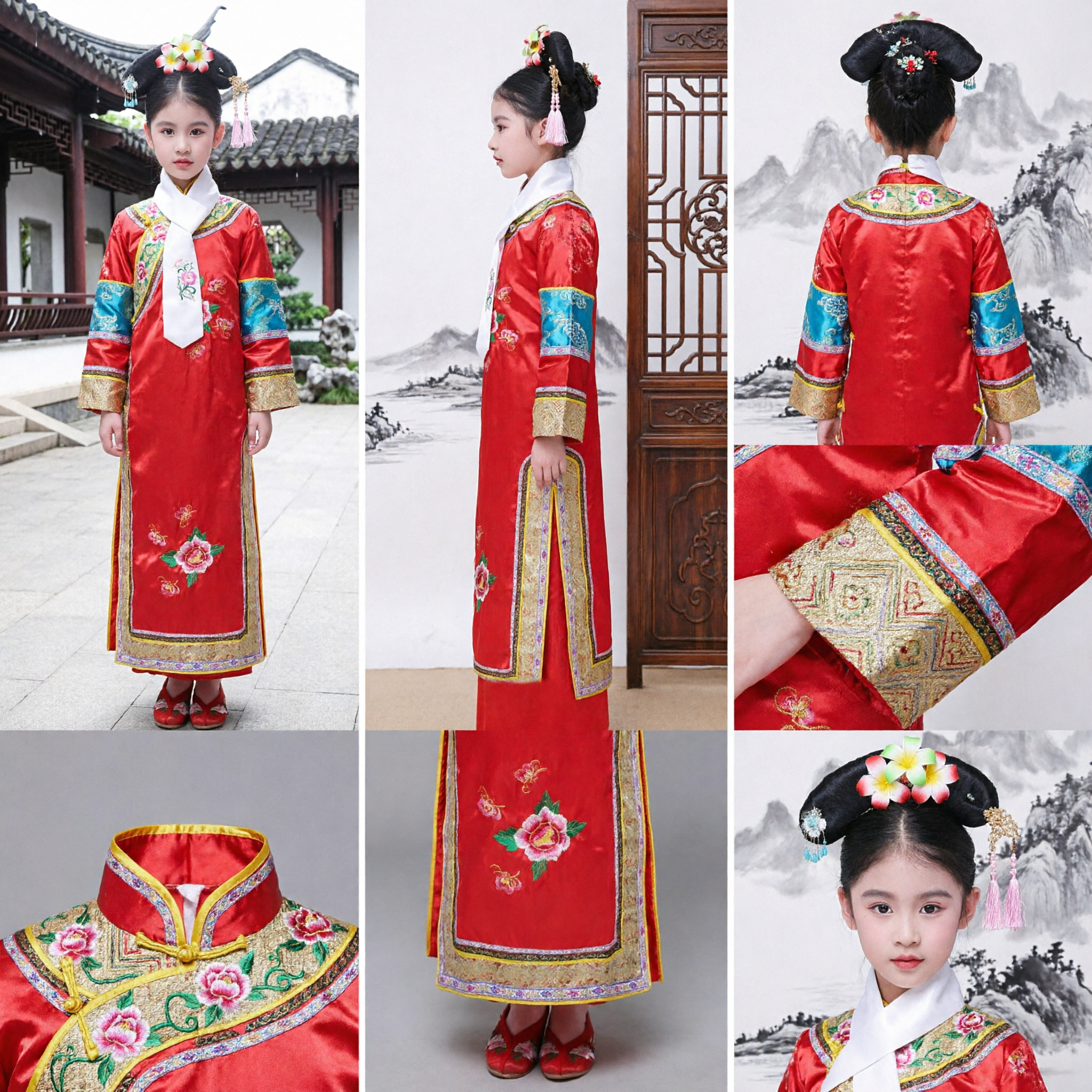 Traditional Chinese Qing Dynasty Manchu Princess Costume Red Embroidered Qipao Dress for Girls Ancient Gege Festival - Asian Costume