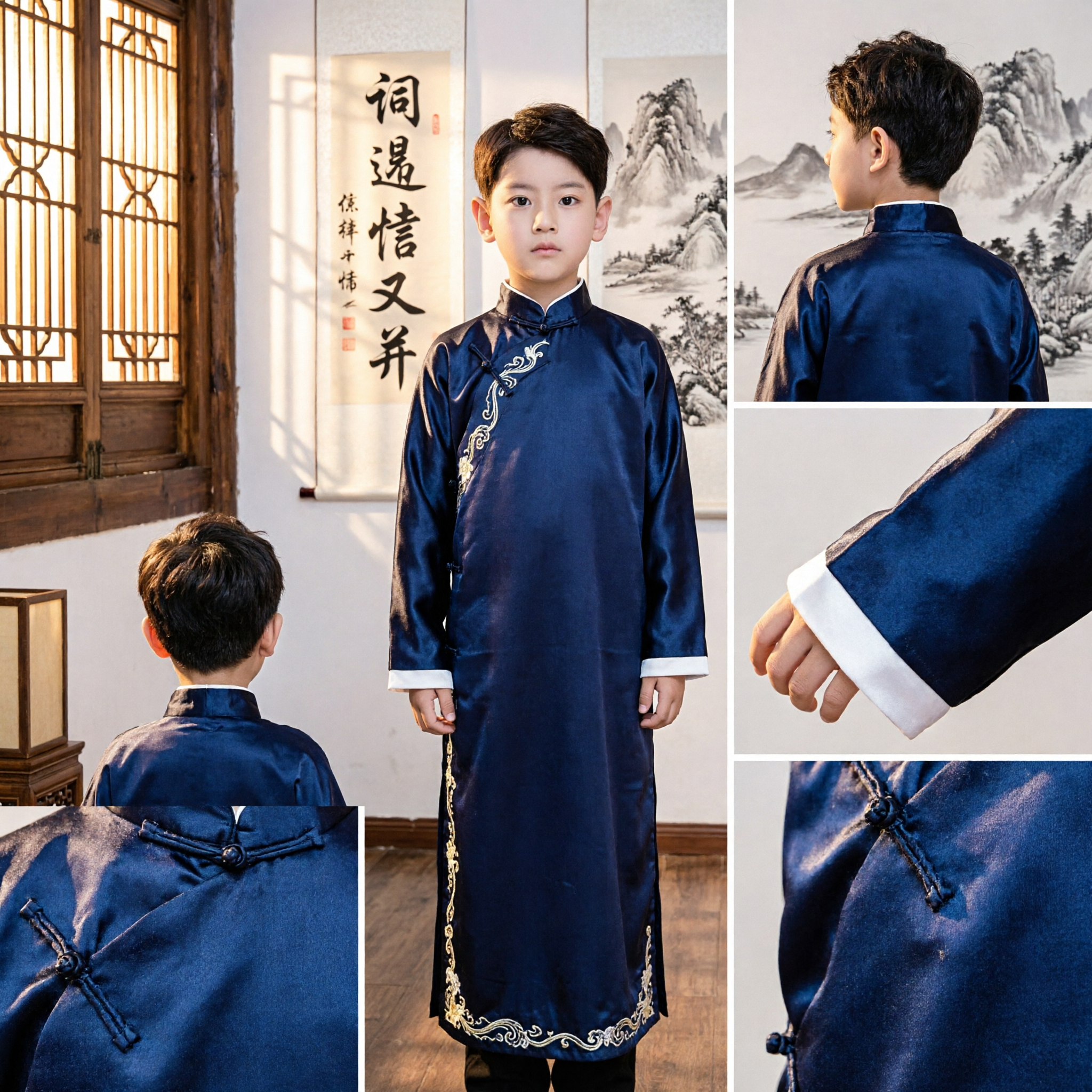 Traditional Chinese Navy Blue Changshan for Boys Kids Tang Suit Mandarin Collar Long Gown Performance Costume - Asian Costume