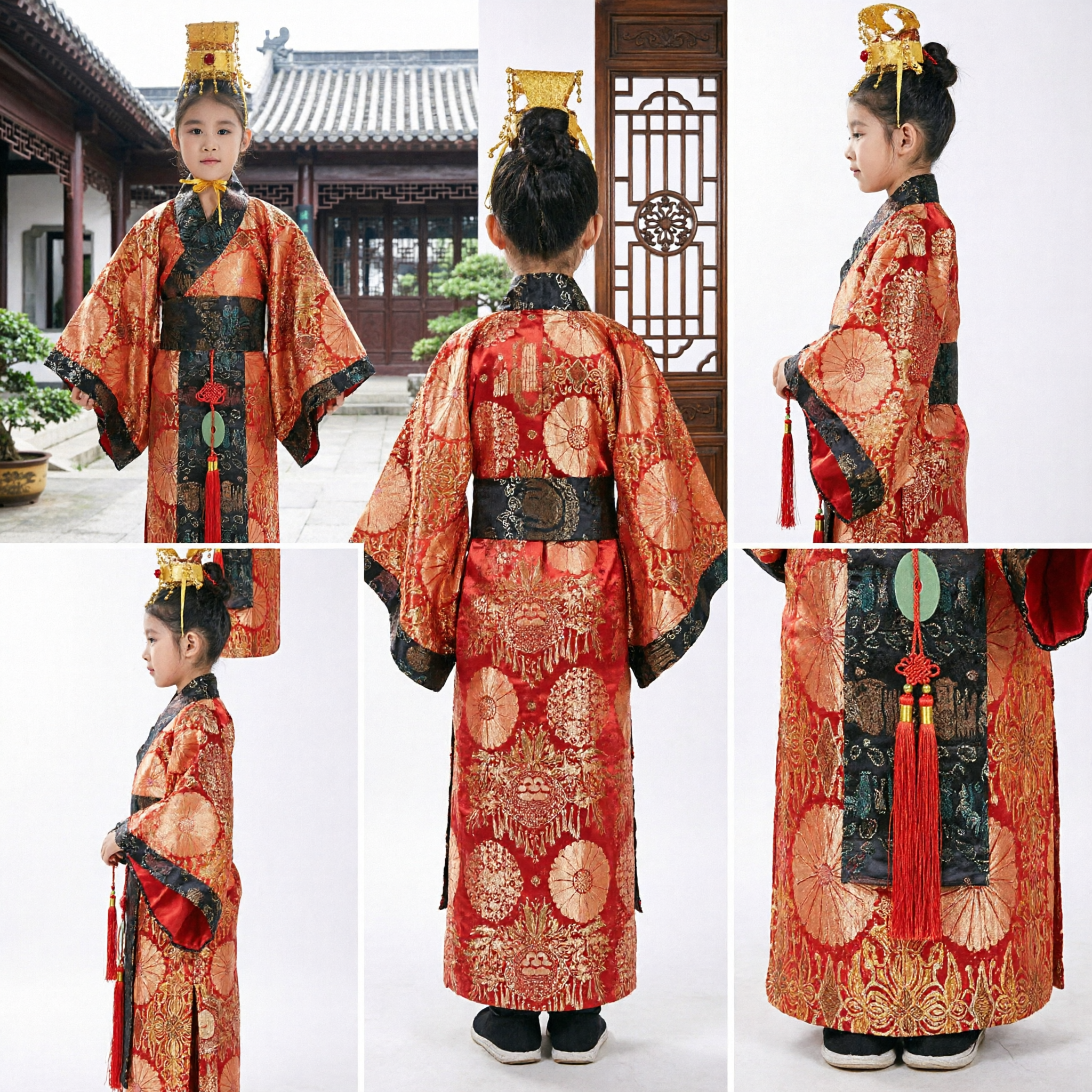 Kids Traditional Chinese Emperor Hanfu Costume Ancient Prince Robe with Crown for Halloween Stage Performance - Asian Costume