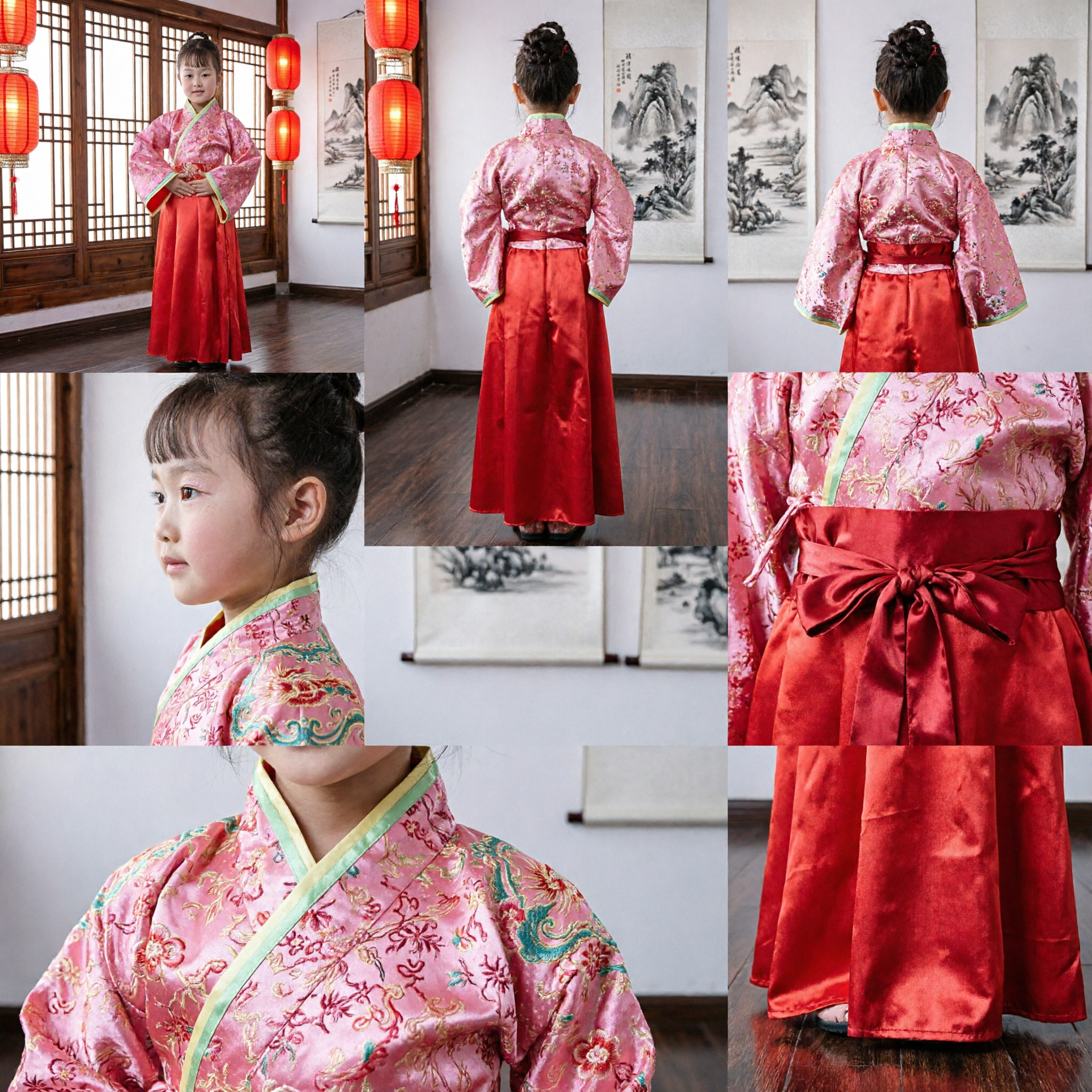 Kids Girls Korean Traditional Hanbok Dress Pink Floral Top Red Skirt Set Wedding Party Costume - Asian Costume