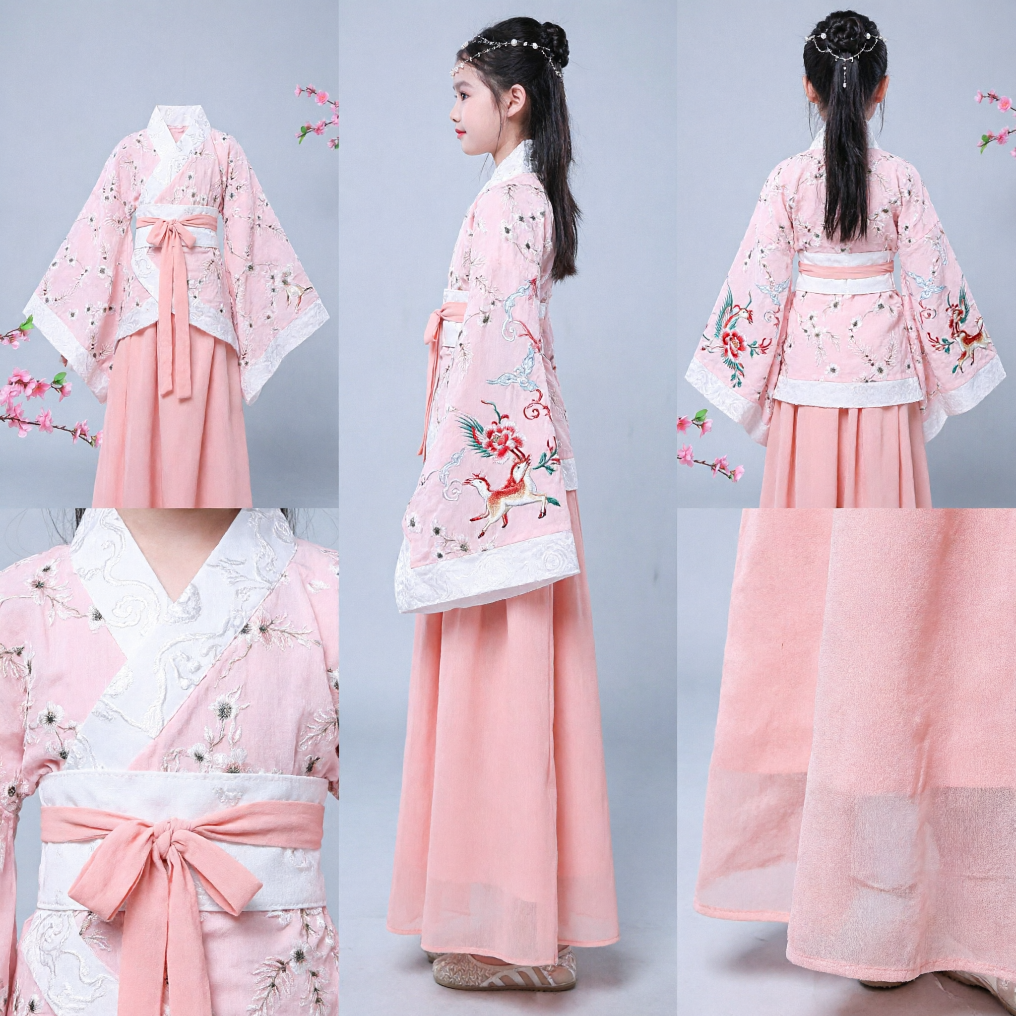 Traditional Chinese Hanfu Costume for Girls Pink Floral Embroidery Ancient Princess Dress Kids Performance Outfit - Asian Costume