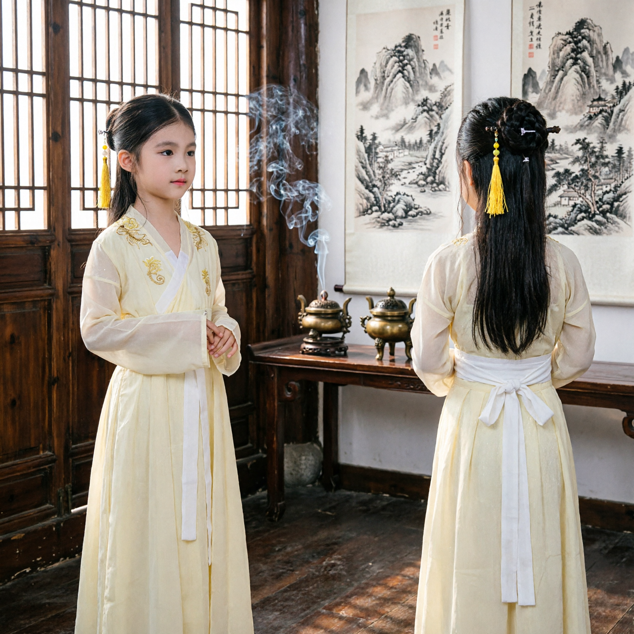 Girls Traditional Chinese Hanfu Dress Kids Ancient Tang Dynasty Princess Costume Yellow Embroidered Robe for Performance - Asian Costume