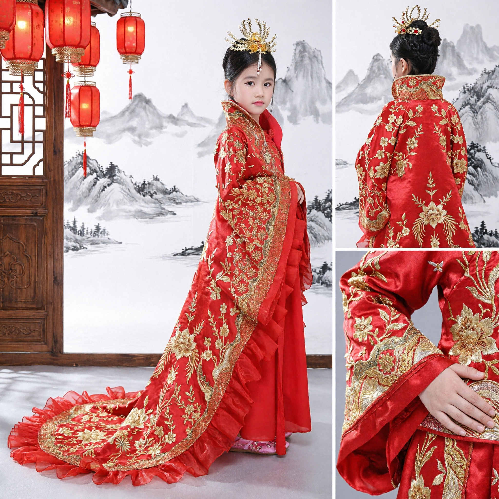 Traditional Chinese Ancient Empress Costume Red Hanfu Dress for Kids Girls Gold Embroidery Stage Performance - Asian Costume