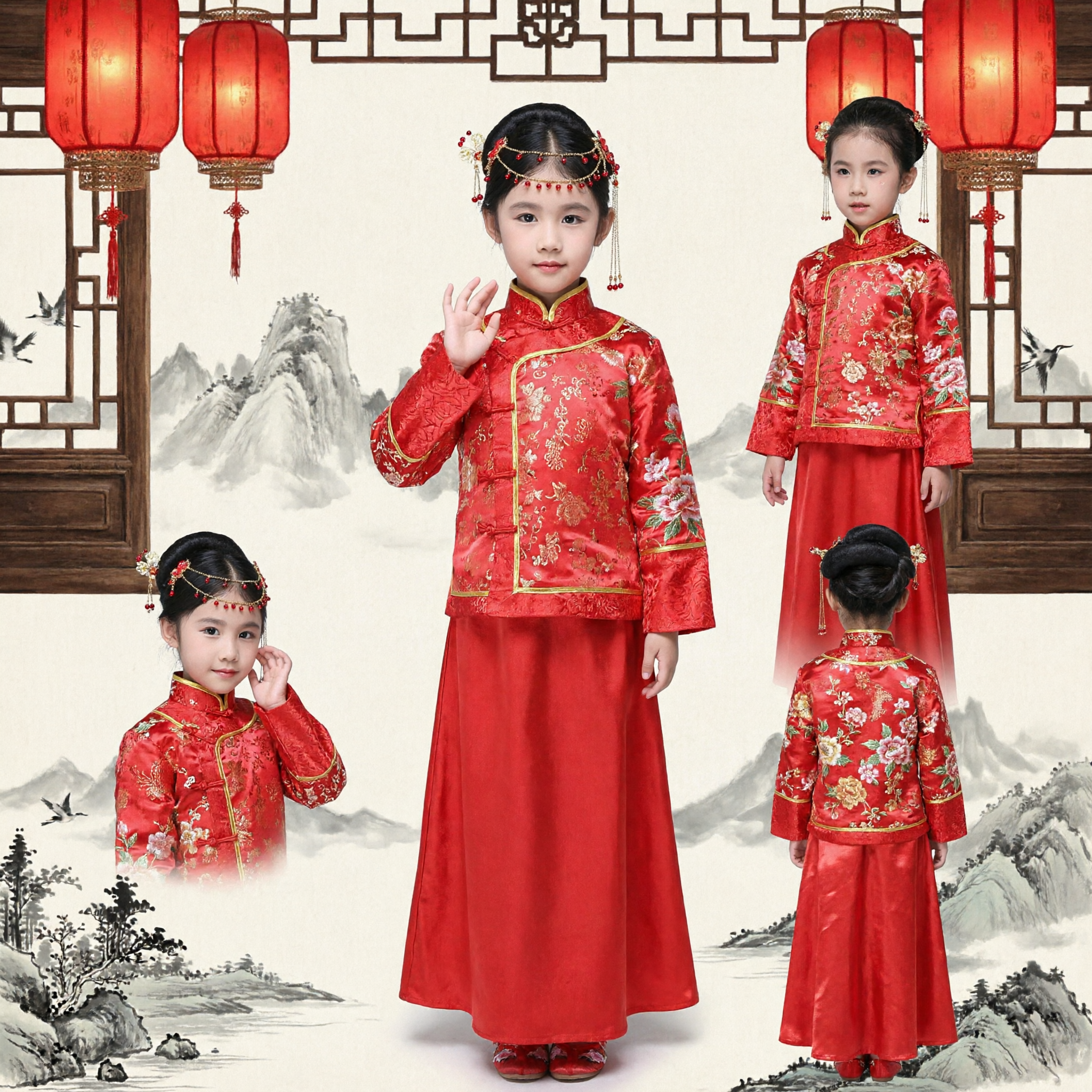 Traditional Chinese New Year Costume Girls Red Embroidered Tang Suit Top and Skirt Set Kids Spring Festival Outfit - Asian Costume