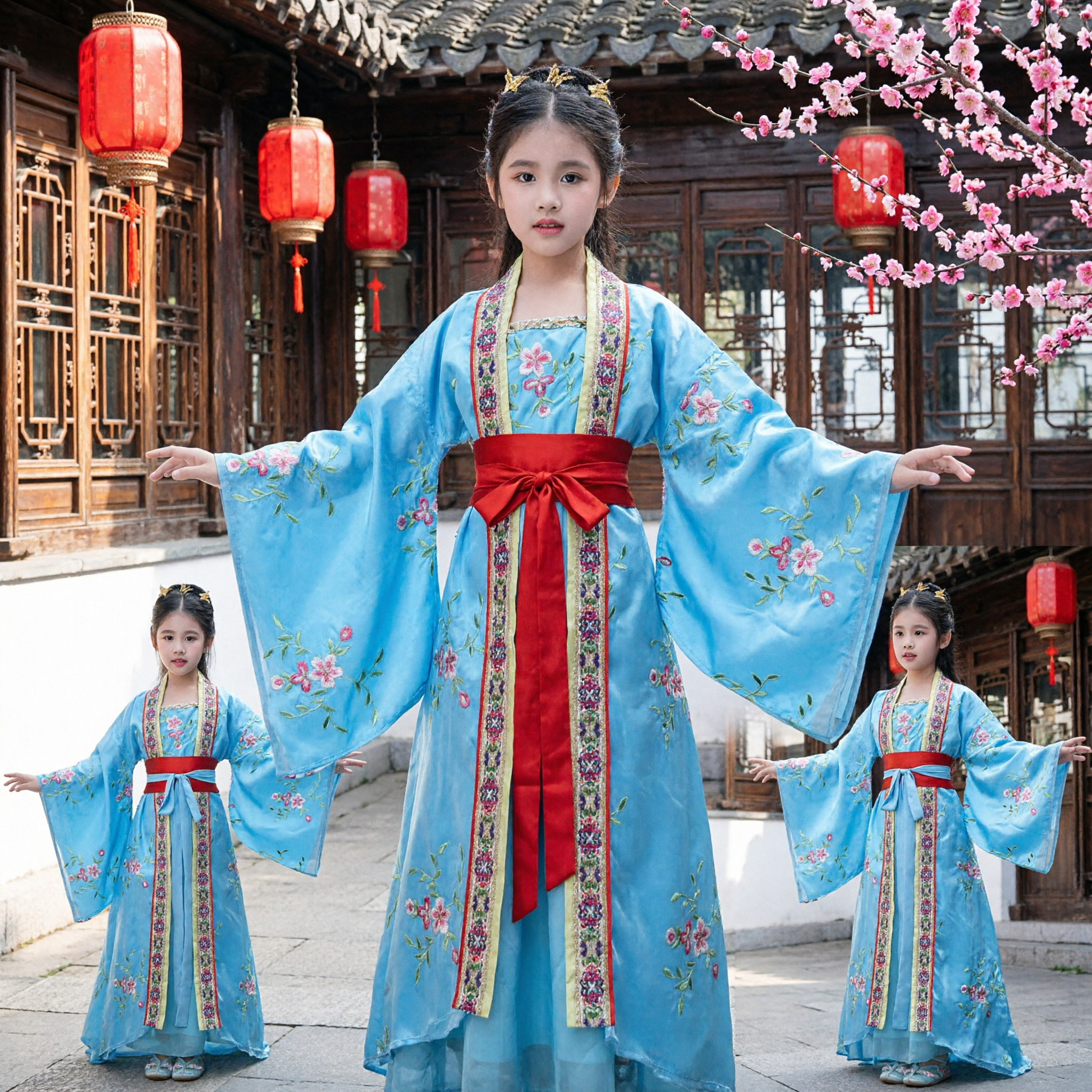 Girls Blue Chinese Traditional Hanfu Ancient Princess Costume Embroidered Wide Sleeve Dress for Kids Cultural Performance - Asian Costume