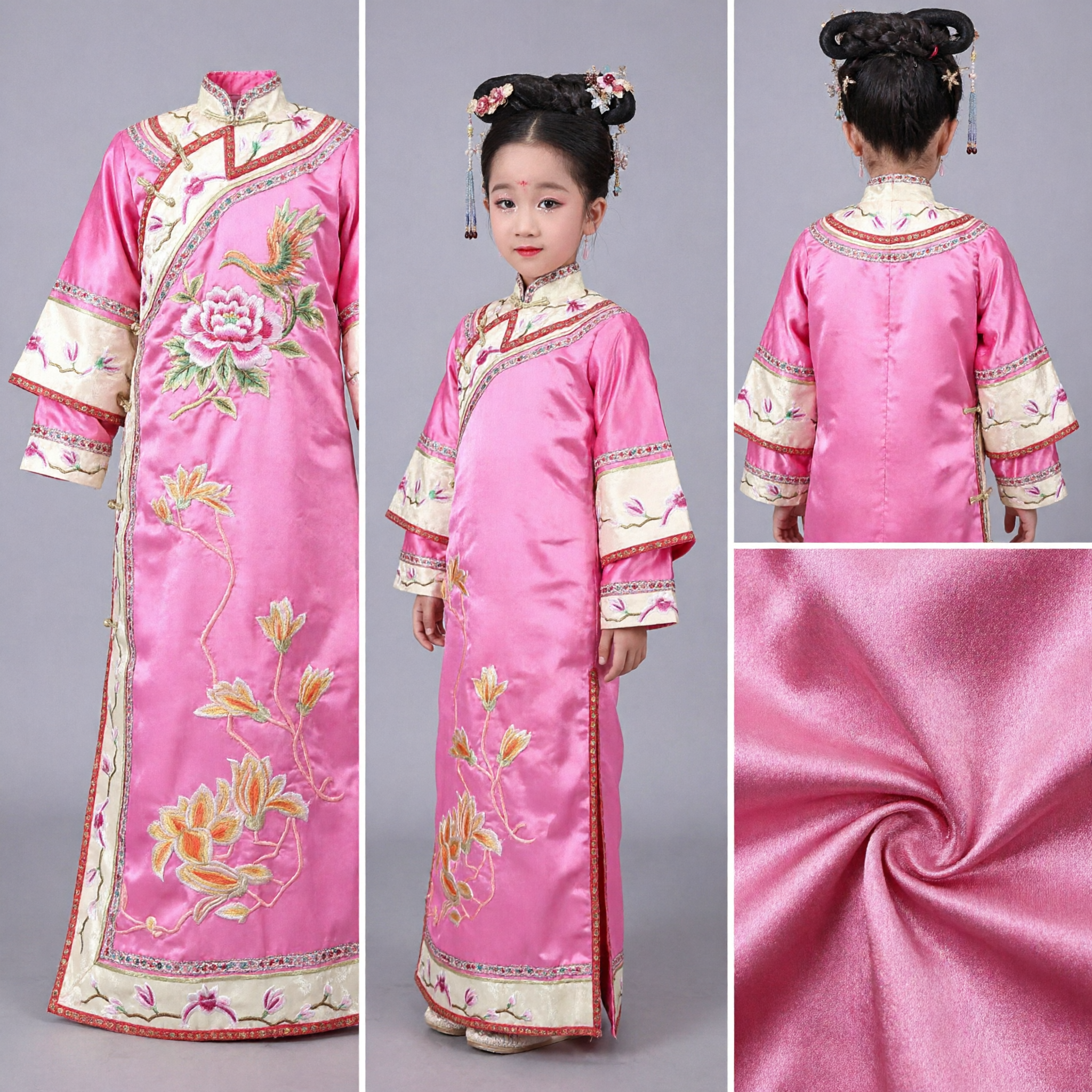 Traditional Chinese Qing Dynasty Princess Costume for Girls Pink Embroidered Manchu Robe with Fan for Stage Performance - Asian Costume
