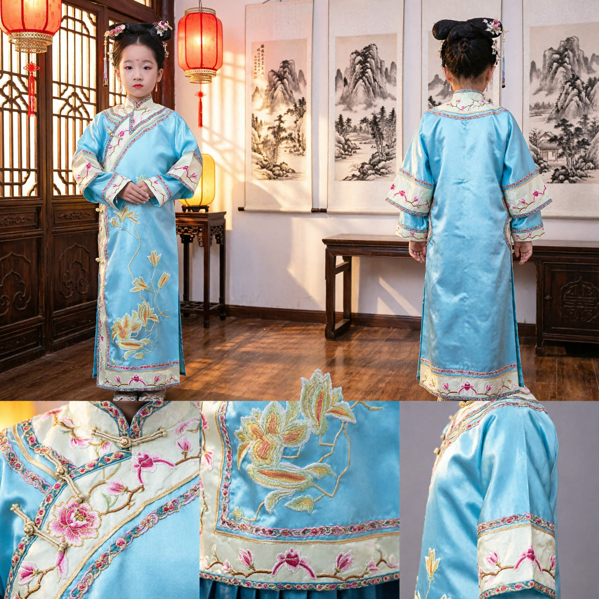 Traditional Chinese Qing Dynasty Princess Costume for Kids Blue Embroidered Ancient Gege Robe Dress - Asian Costume