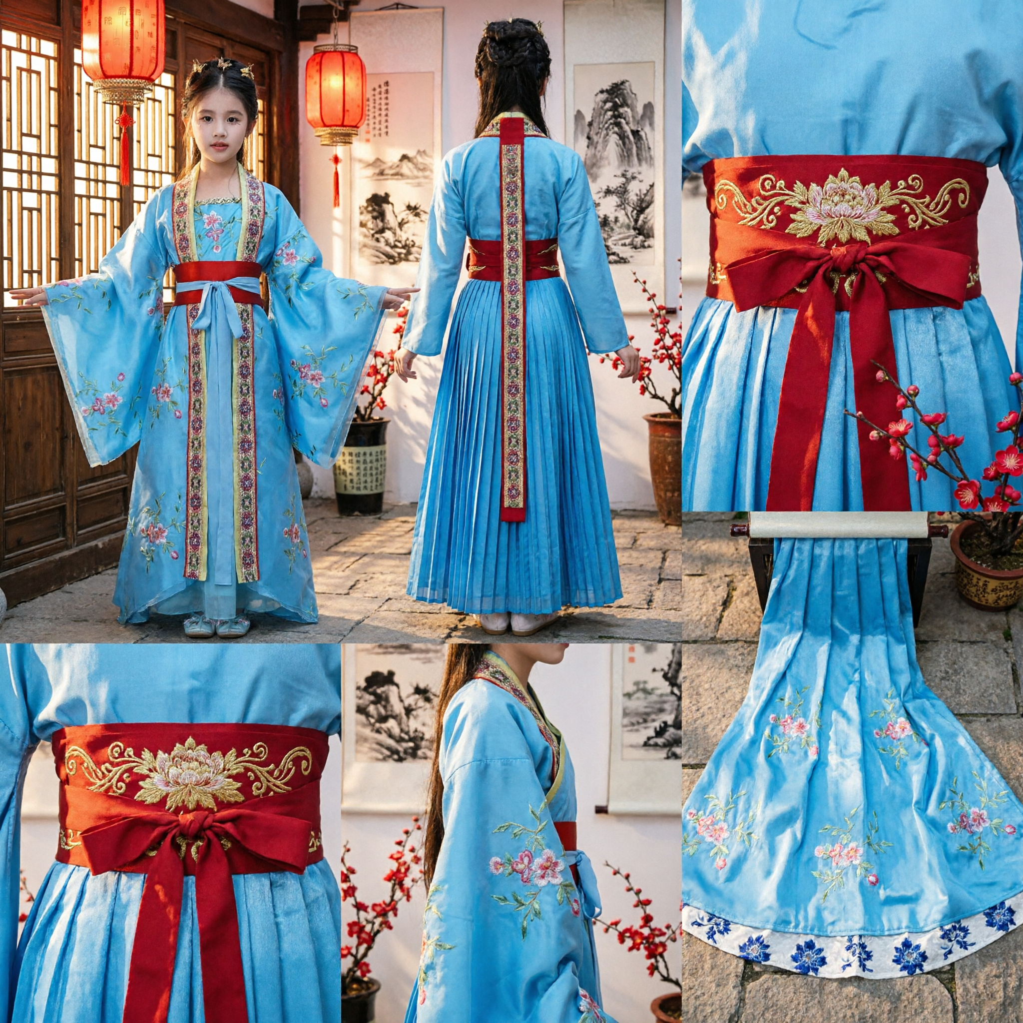 Blue Traditional Chinese Hanfu Dress for Girls Tang Dynasty Princess Costume Floral Embroidery Wide Sleeve Ancient Clothing - Asian Costume