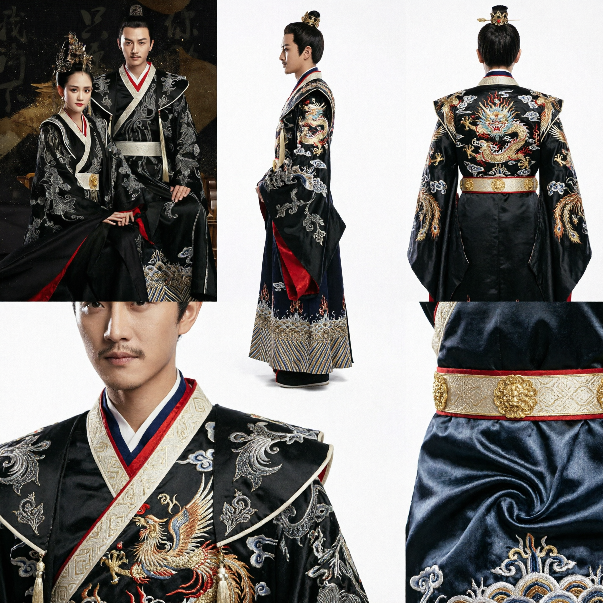 Black Ancient Chinese Hanfu Couple Costume Set Emperor and Empress Robes for Wedding or Cosplay - Asian Costume