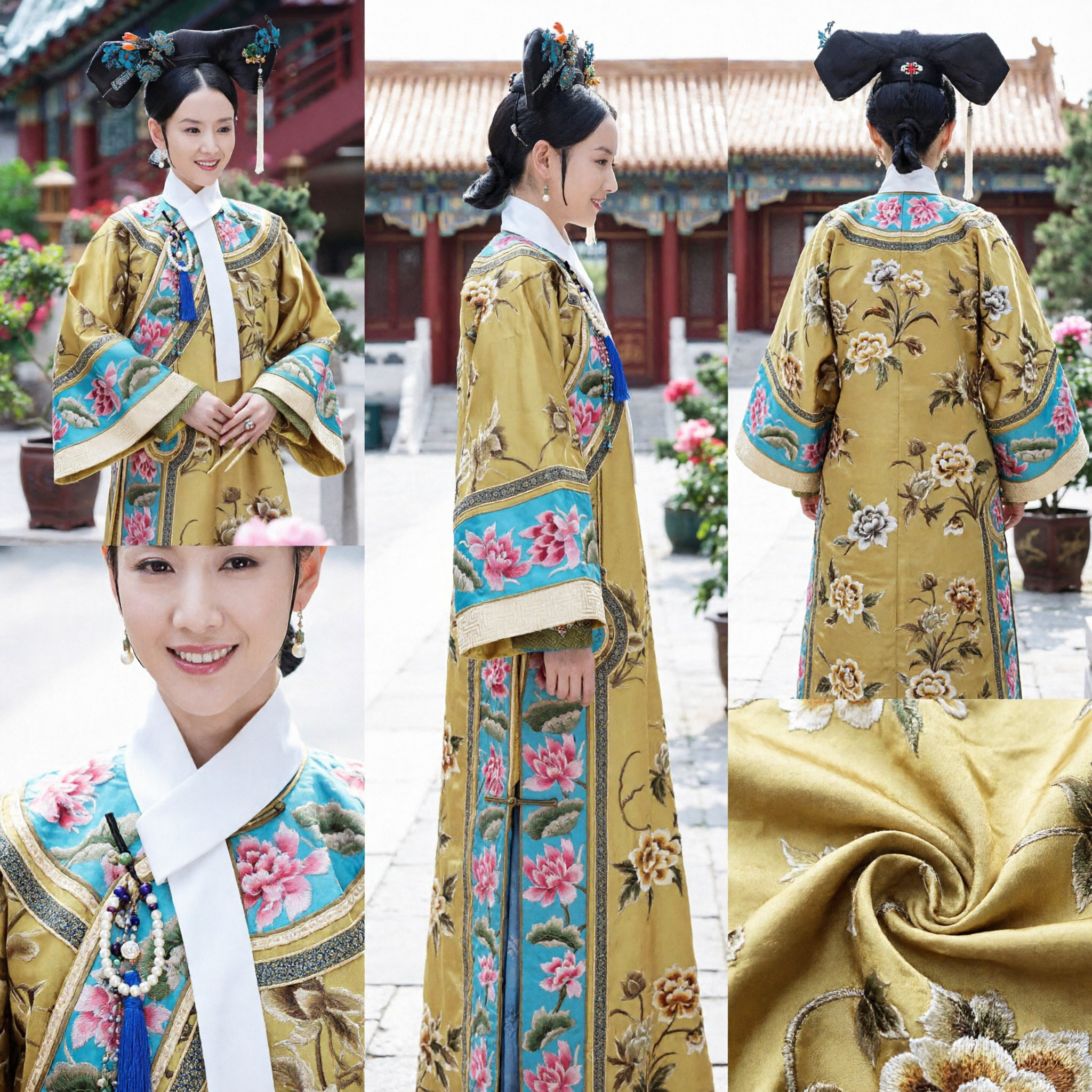 Traditional Chinese Qing Dynasty Empress Costume Yellow Floral Embroidery Robe and Headdress Set for Women - Asian Costume