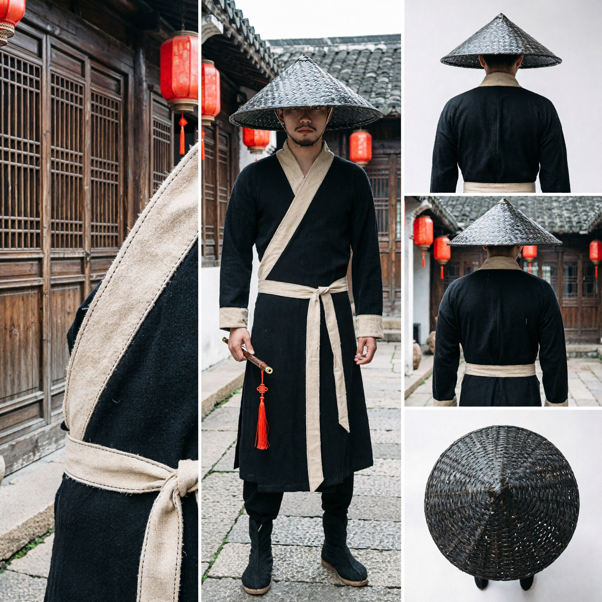 Men's Traditional Chinese Wuxia Swordsman Costume Black Hanfu Robe with Straw Hat Ancient Kung Fu Cosplay Outfit - Asian Costume