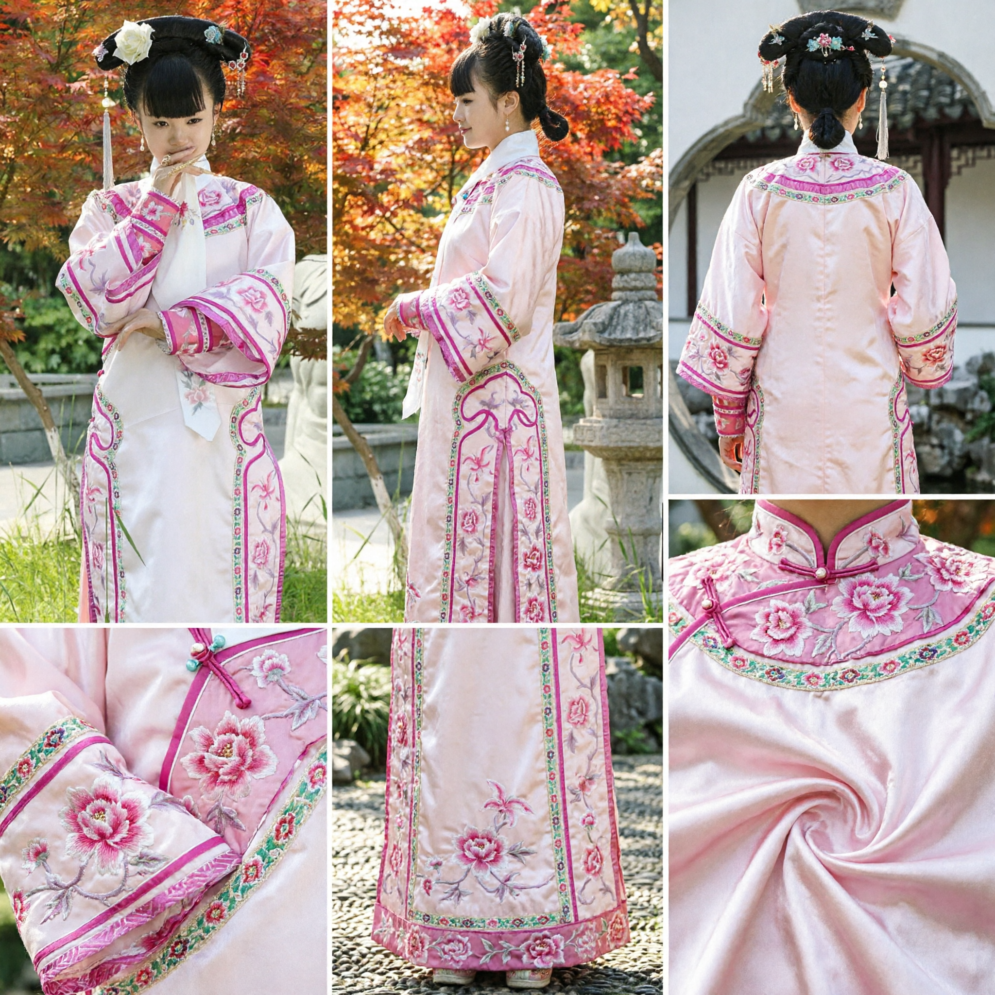 Ancient Chinese Qing Dynasty Palace Lady Costume White Pink Floral Embroidery Qizhuang for Women Cosplay - Asian Costume