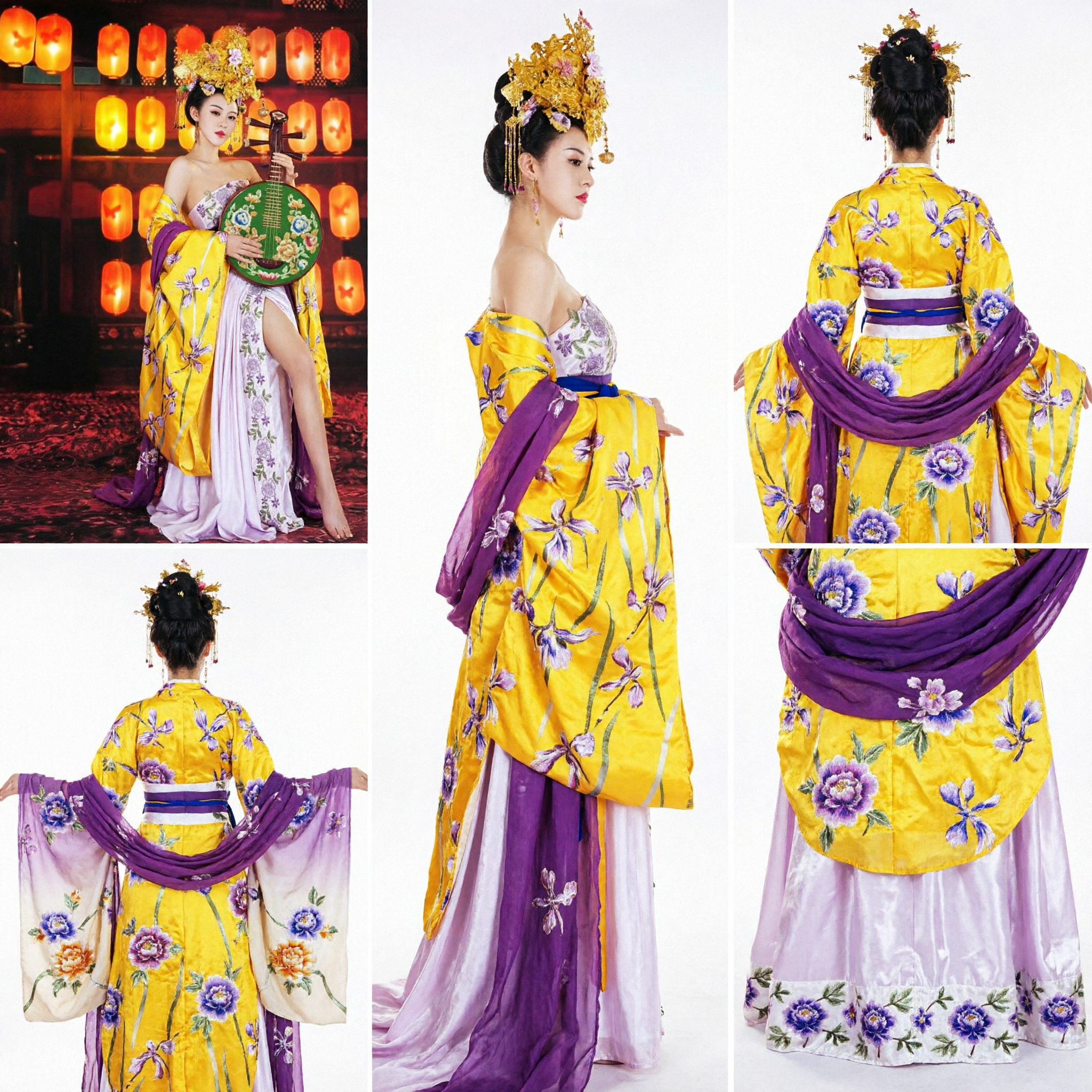 Traditional Chinese Tang Dynasty Princess Costume Yellow Floral Hanfu Dance Dress with Headdress for Stage Performance - Asian Costume