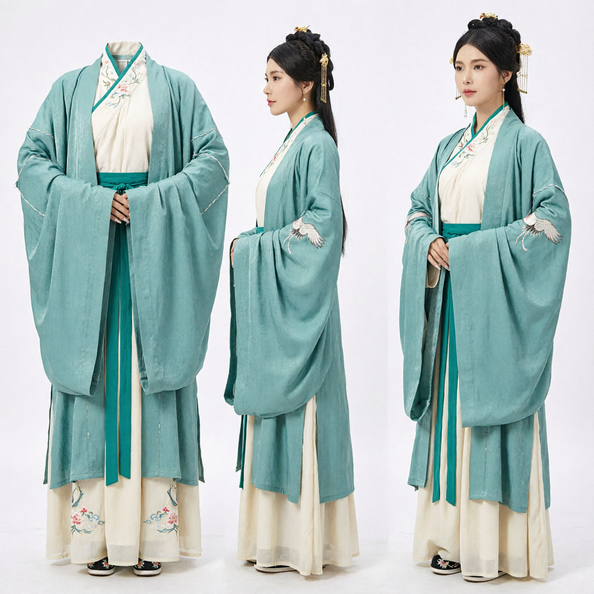 Elegant Traditional Chinese Song Dynasty Hanfu Beizi Robe Teal Embroidered Jacket Skirt Set for Women Cosplay - Asian Costume