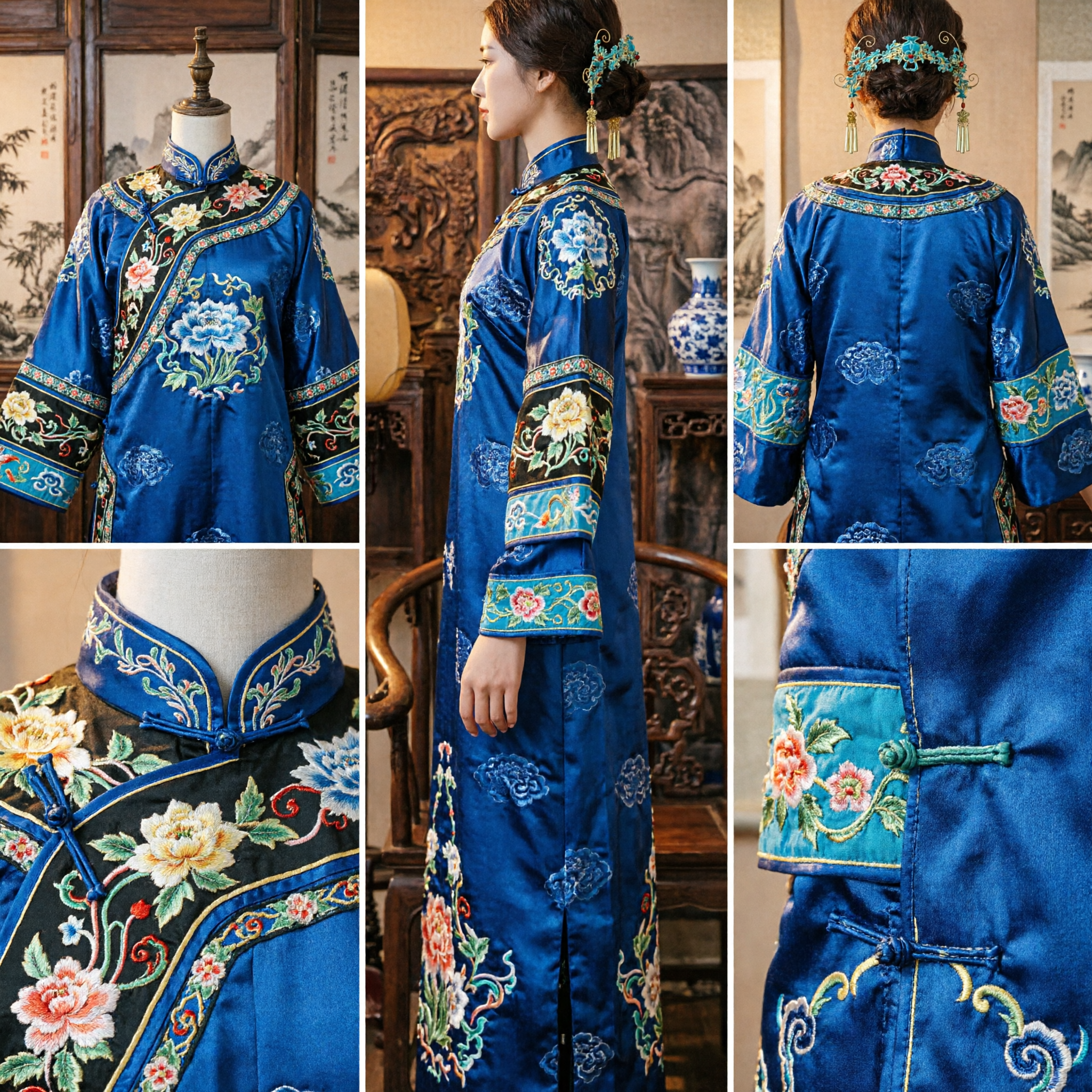 Traditional Chinese Blue Hair Crown Gold Floral Hairpin Hanfu Bride Wedding Headpiece with Tassels for Women - Asian Costume